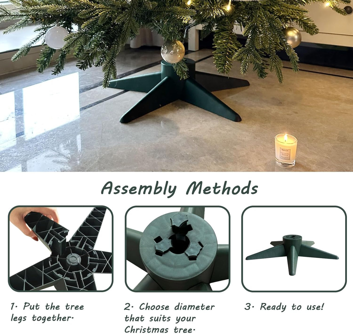 Bjartur Christmas Tree Stand, Christmas Tree Base for Artificial Tree up to 7 Ft Adjustable Holder Replacement Fits 0.75/0.87/1.25 Inch Xmas Tree Pole Green Decorations