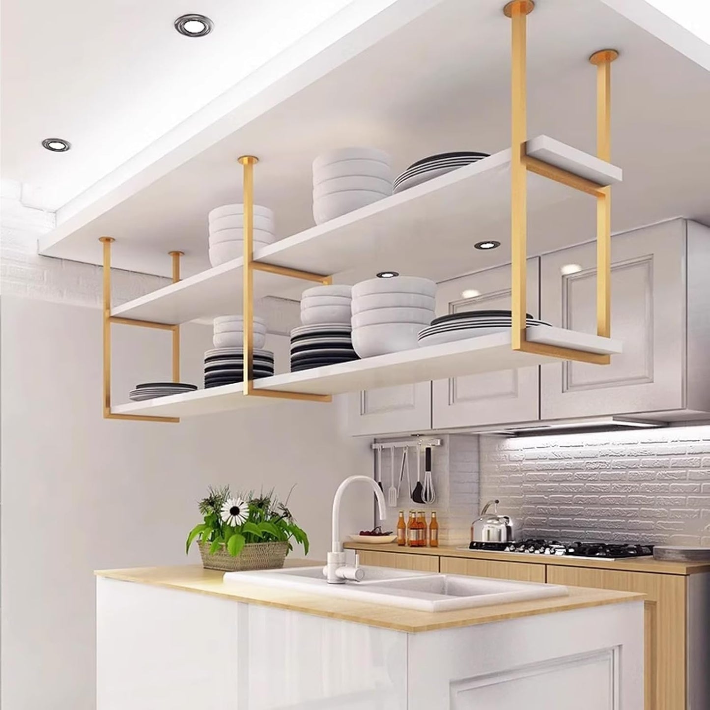 Ceiling Hanging Shelves, Gold 2 Tiers Shelf Floating Kitchen Pot Pan S