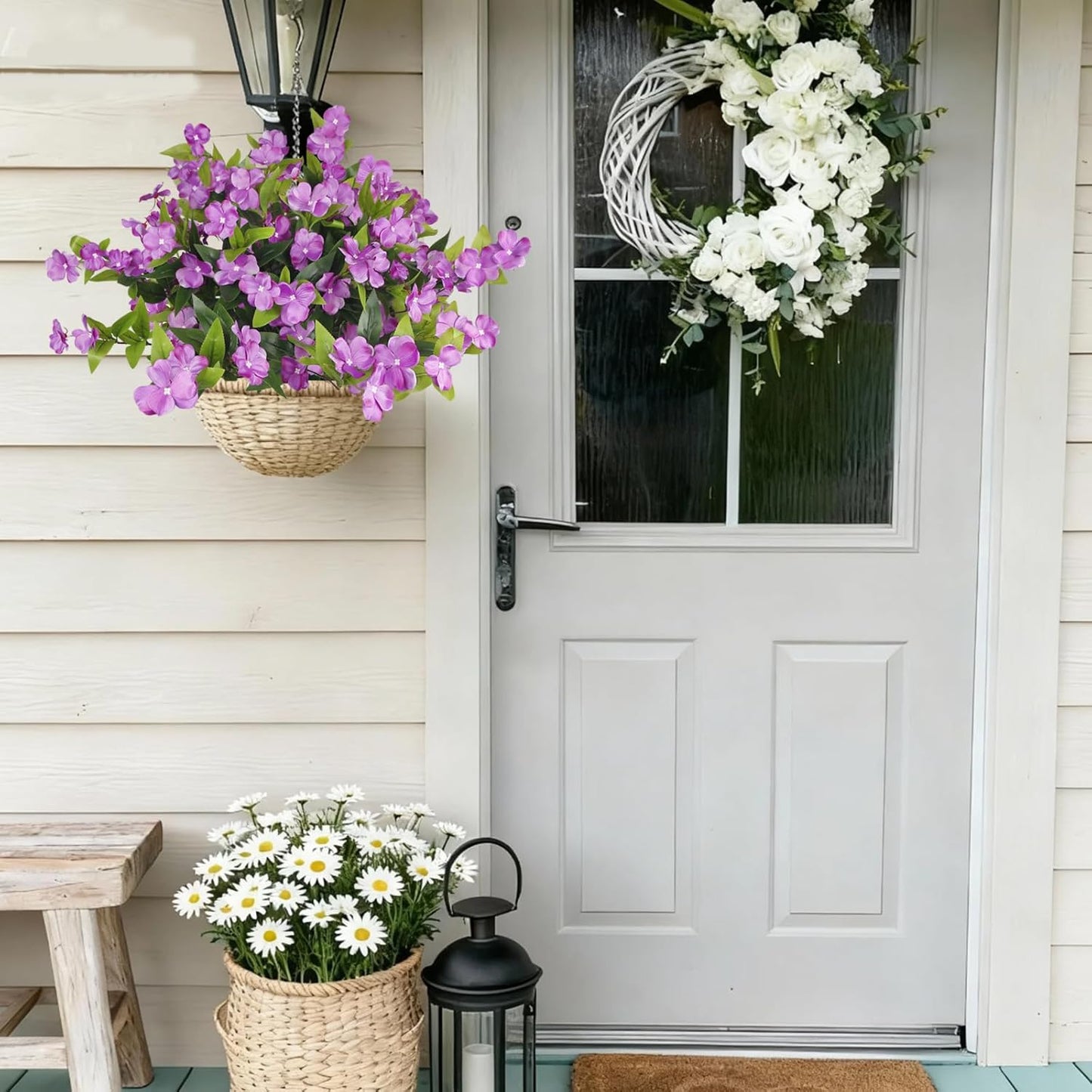 Artificial Flowers for Outdoors 2Pcs Faux Impatiens for Outdoor Planters UV Resistant Purple Silk Flowers Outside Artificial Impatiens Plants Bush for Front Porch Patio Garden Pot Balcony Decor