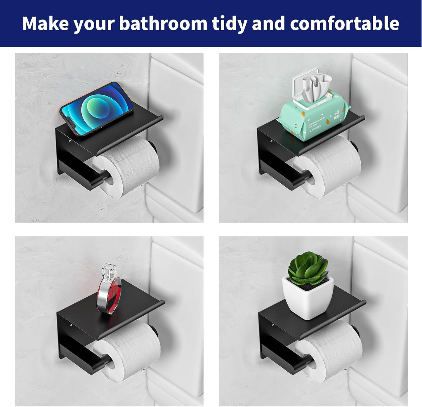 Matte Black Toilet Paper Holder with Shelf, Fits Mega Rolls, Rustproof Stainless Steel, Self Adhesive Wall Mount Toilet Paper Roll Holder, for Bathroom, Washroom, Kitchen, RV