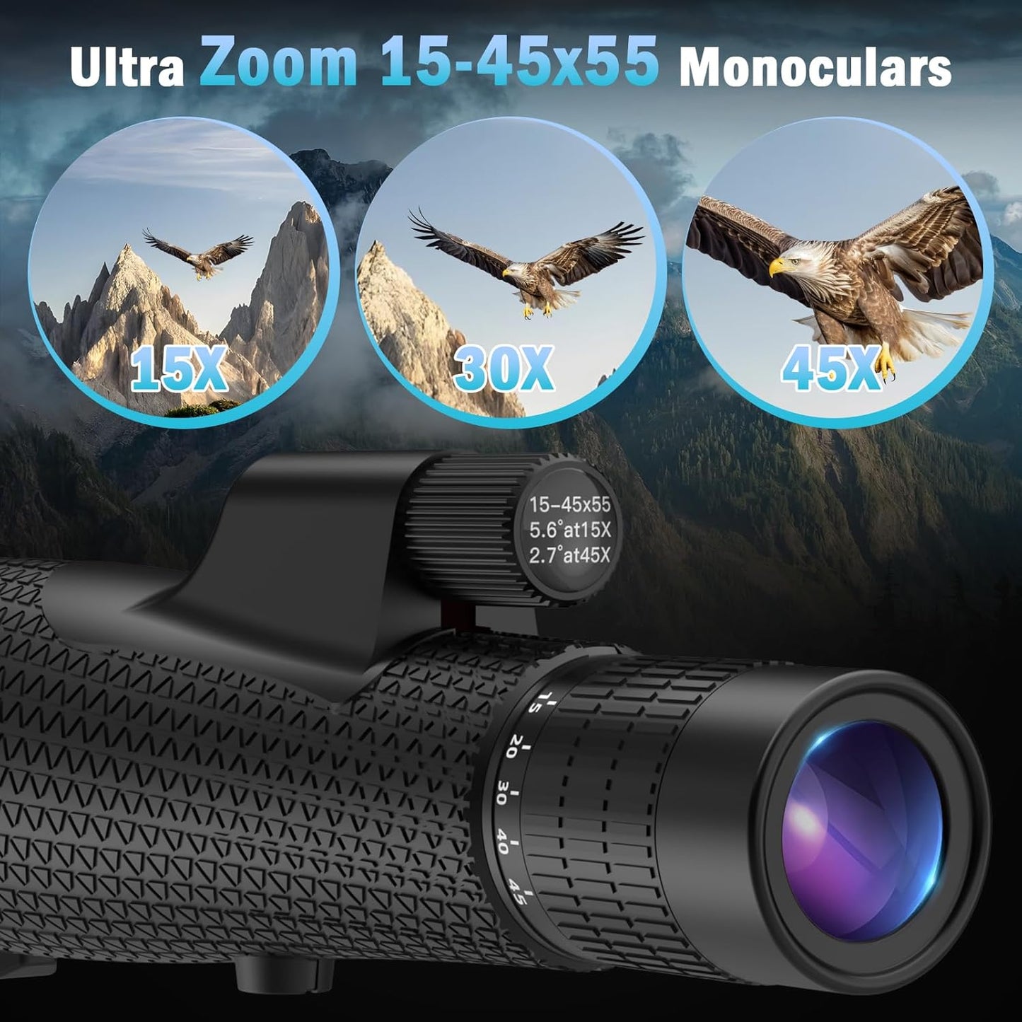 15-45x55 Zoom Monocular Telescope-High Power Monocular for Adults BAK4 Prism for Bird Watching and Traveling Concert