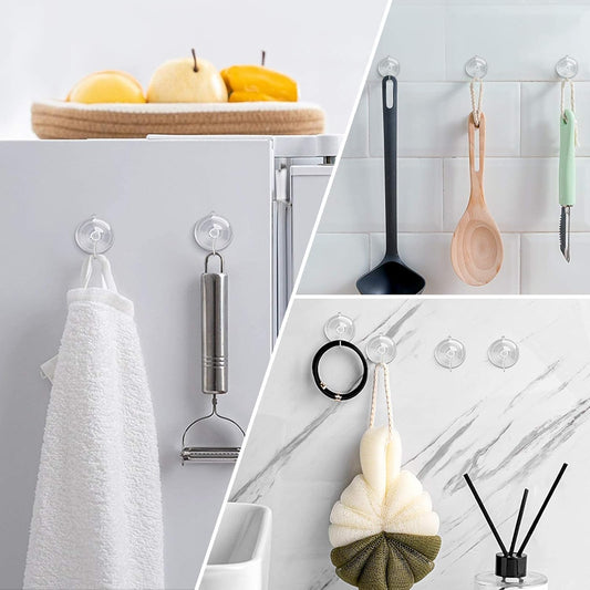 Hangerspace Suction Cup Hooks, 1.77 Inches Clear PVC Suction Cups with Metal Hooks Removable Small Suction Cups for Shower Bathroom Kitchen Wall Window Glass Door 12 Pack