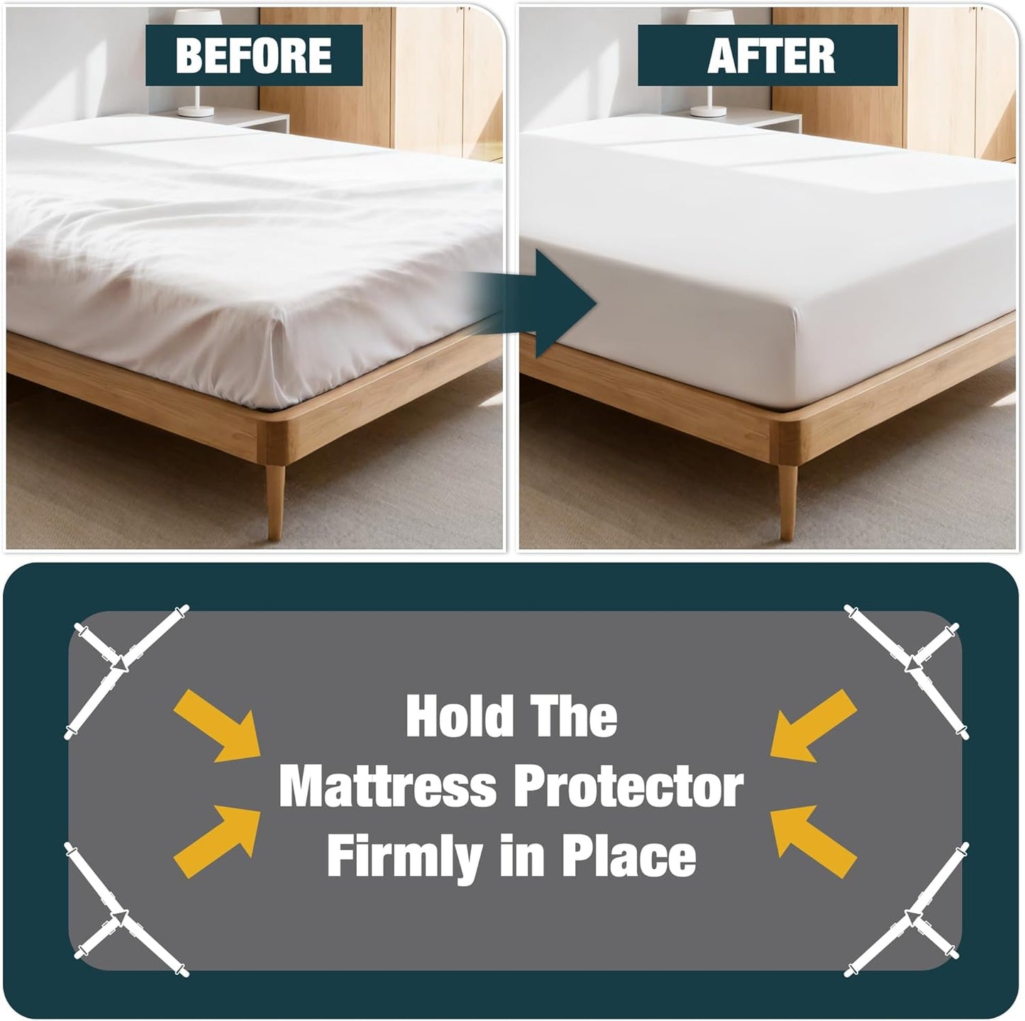 4 Pack Adjustable Elastic Straps with Metal Clips, Bed Sheet Fasteners in Assorted Four Sizes, Bedding Suspenders for Mattress Covers, Bed Corner Holders and Keepers (White)
