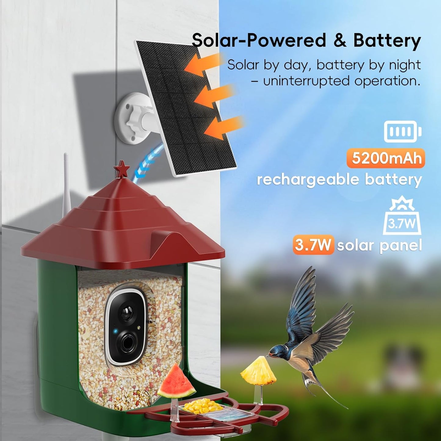 Smart Bird Feeder with Camera, Solar Panel & 5200mAh Battery, 4K HD Video, AI Identification, Instant Arrival Alerts & Alarm, IP65 Weatherproof, 32GB Card, 2L Capacity, for Bird Lover (Red Green)