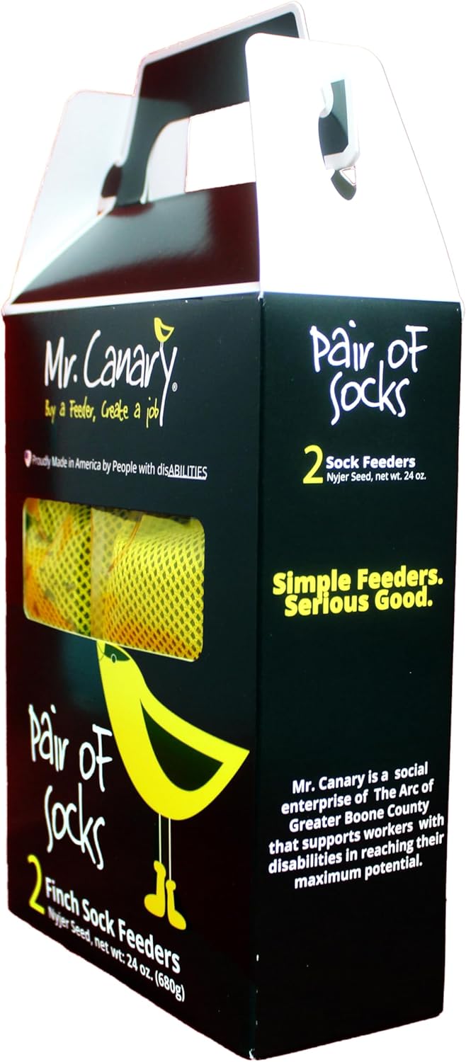 Mr. Canary Yellow 'Pair of Socks' Finch Sock Feeders, 2pk, Seed-Filled All-Season Feeders, 24oz Total