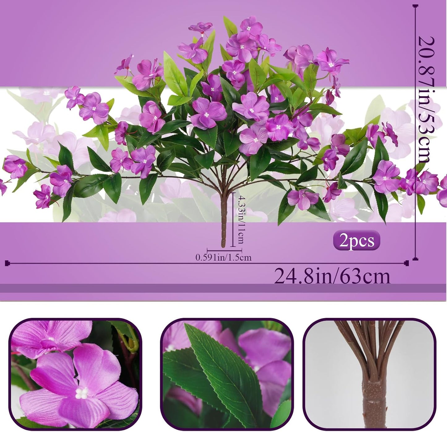 Artificial Flowers for Outdoors 2Pcs Faux Impatiens for Outdoor Planters UV Resistant Purple Silk Flowers Outside Artificial Impatiens Plants Bush for Front Porch Patio Garden Pot Balcony Decor