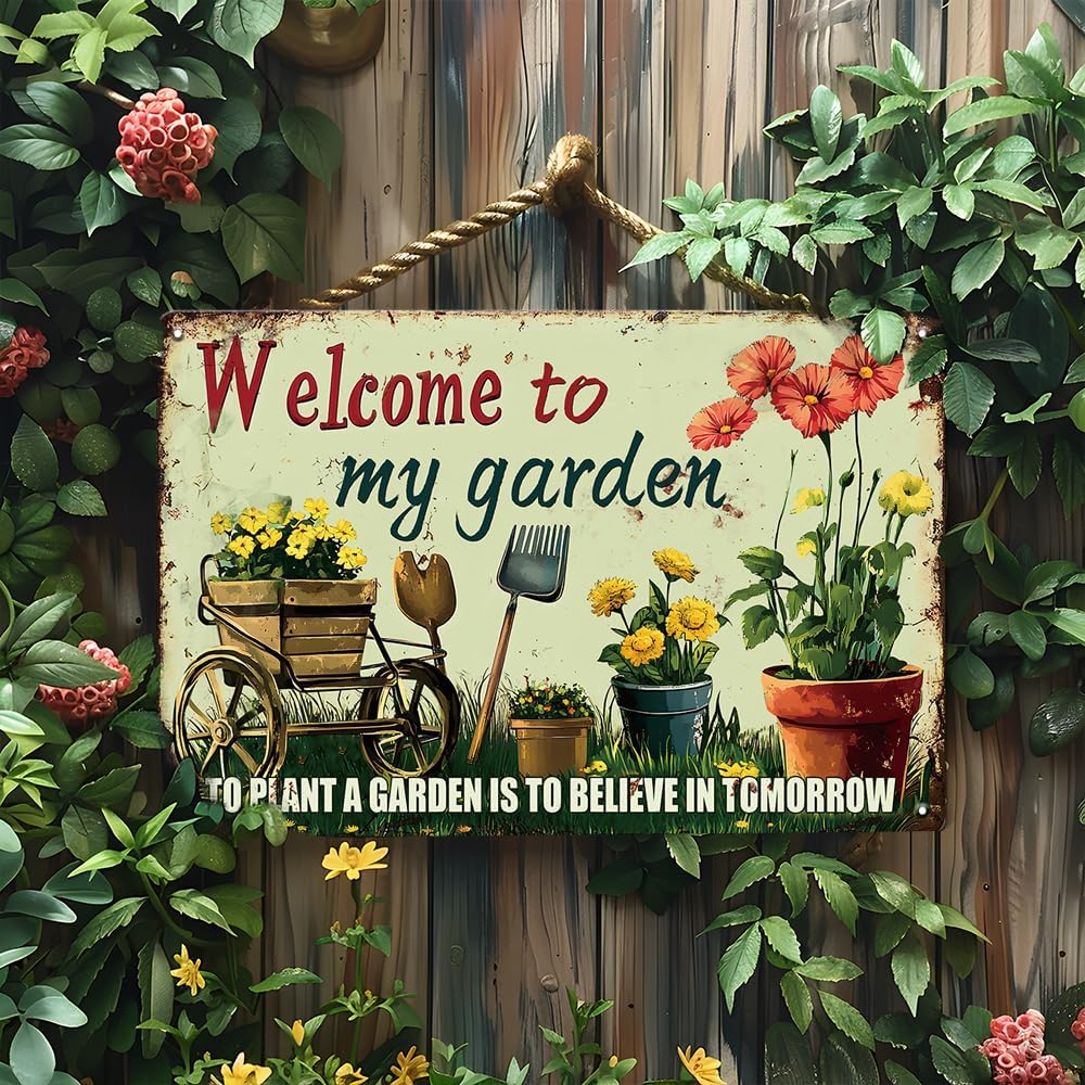 Welcome to My Garden Tin Sign Vintage Metal Sign Flowers and Tools Gardening Gifts Decorations for Home Greenhouse Living Room Bedroom Yard Backyard Outdoor Decor 8X12 Inch