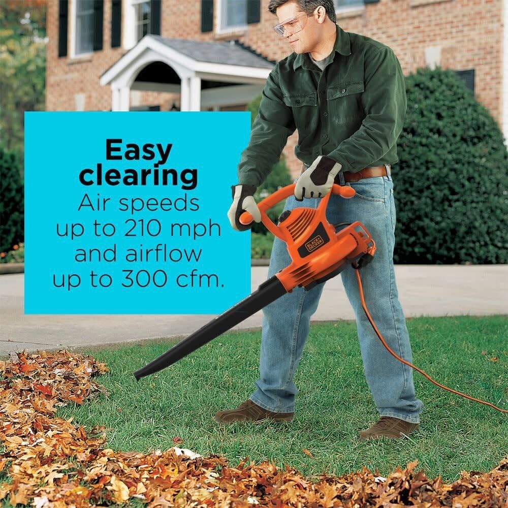 BLACK+DECKER Electric Leaf Blower, Leaf Vacuum and Leaf Mulcher, 3-in-1 300 CFM 210 MPH 12-Amp Handheld Lightweight Corded Electric Combo Kit (BV3100)