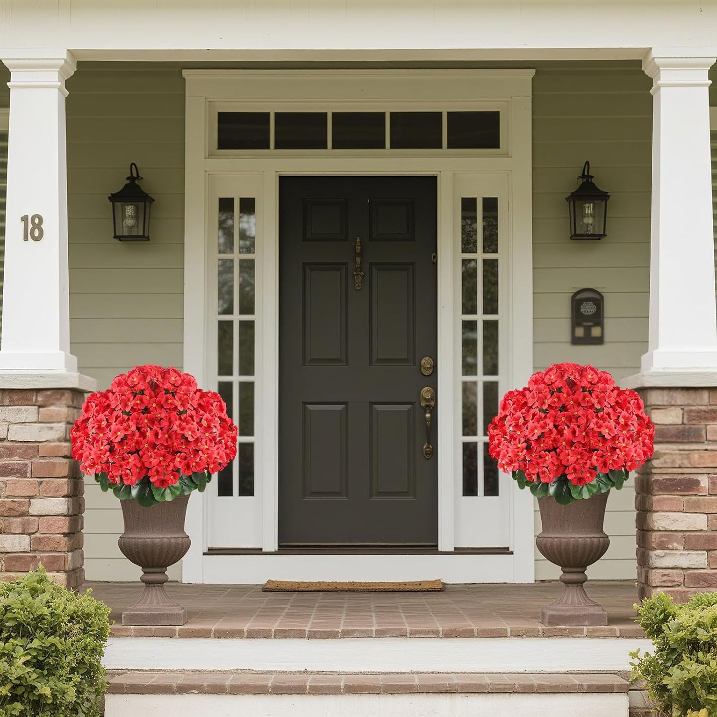 Romantic season 20" Artificial Geraniums Bush in Pot, Outdoor Fake Potted Plant with UV Resistant Red Flowers for Patio, Front Porch, Garden, Balcony & Home Decor