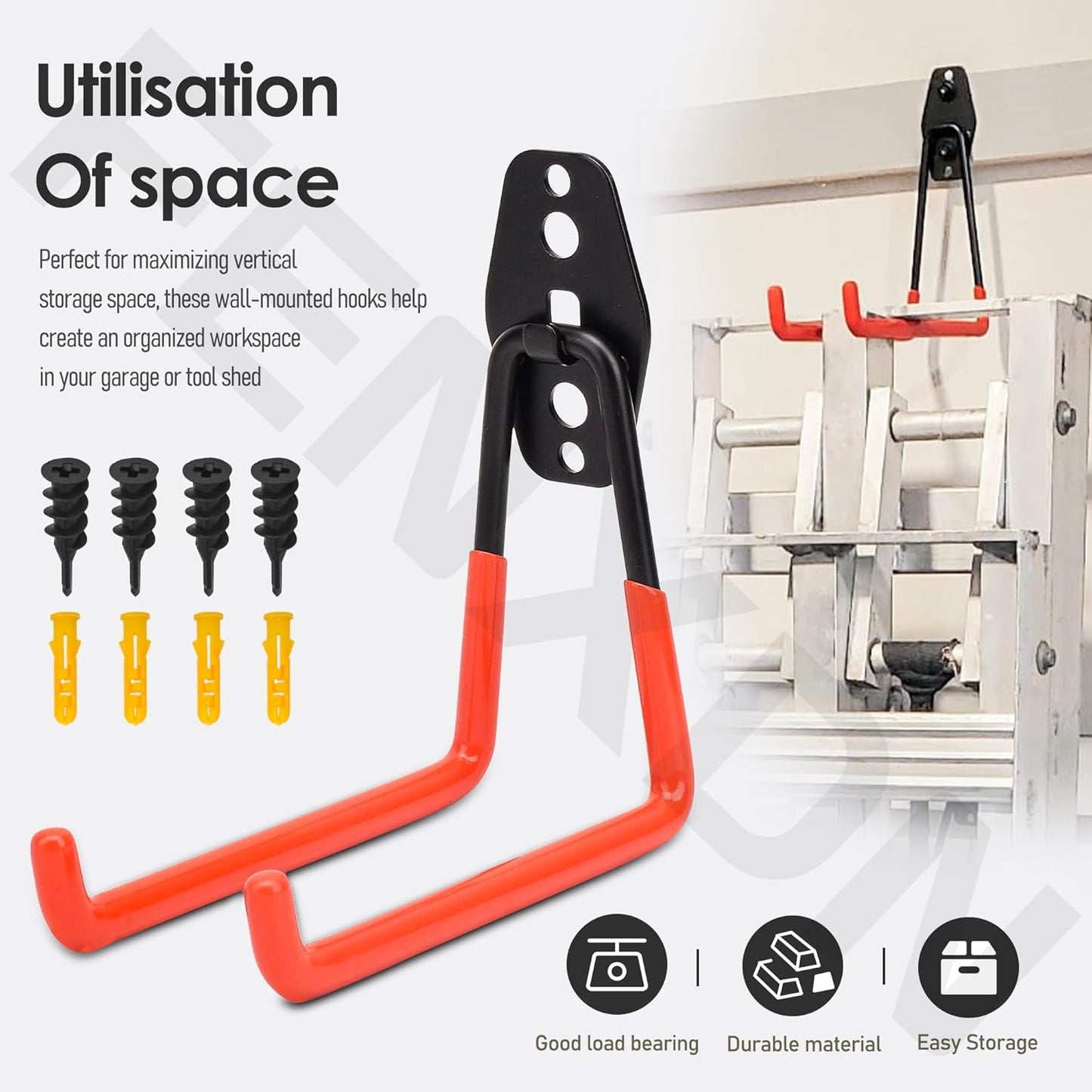 Garage Hooks for Hanging Bike, Utility Steel Garage Storage Hook for Hanging Bike, Ladder and Garden Tools w/Garage Storage Hooks Attachment & Battery Mount Holder for Ego