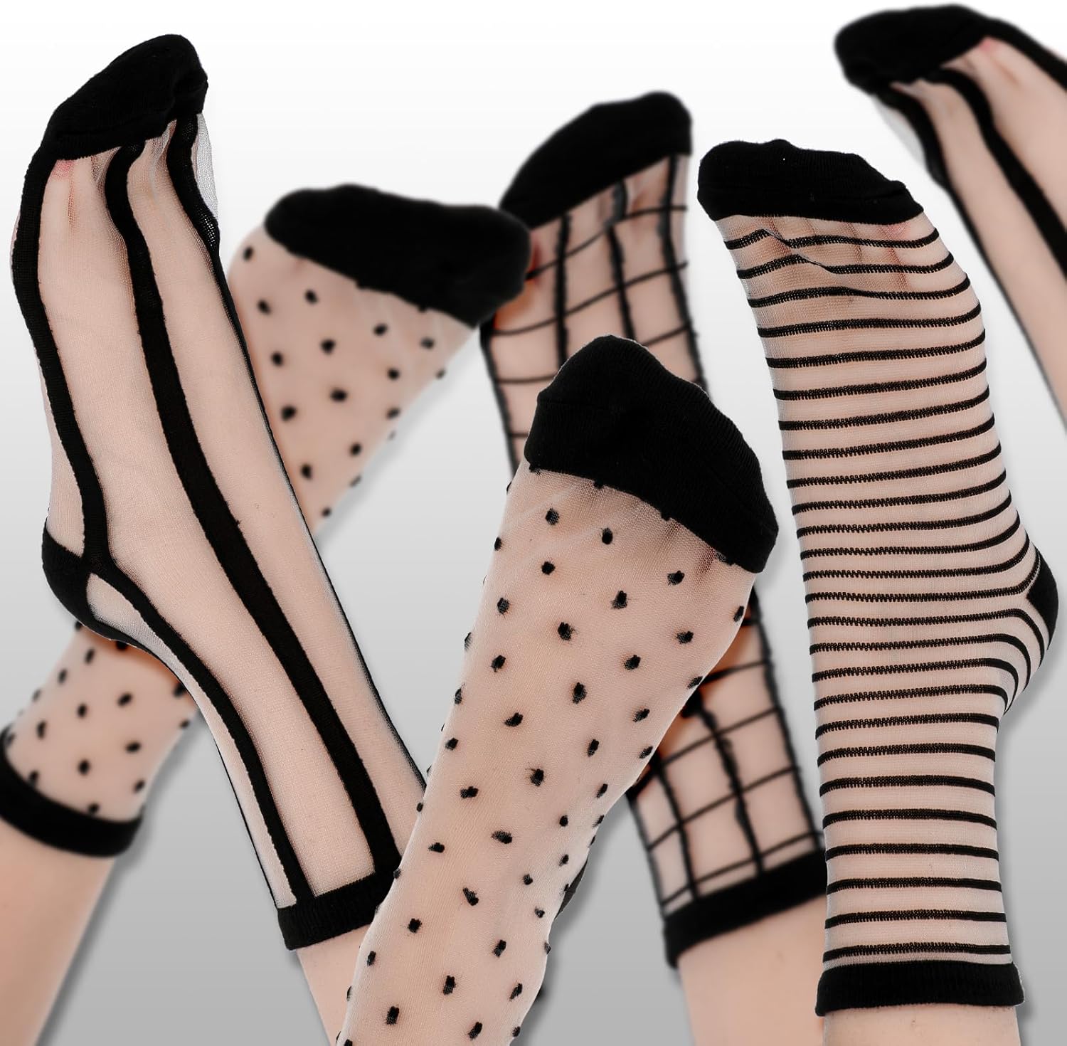 Lusofie 5 Pairs Sheer Black See-Through Socks - Checkered Dot Striped 