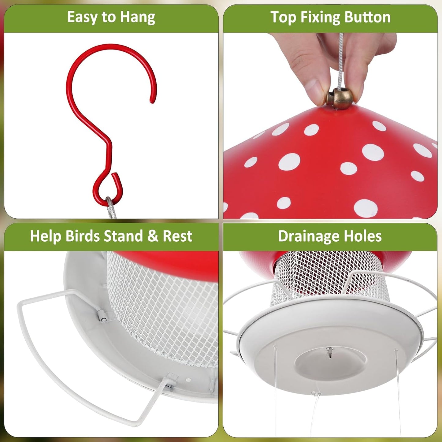 Bird Feeder, Heavy Duty Metal Bird Feeders for Outdoor Hanging, Cute Mushroom Shape 3.5 LB Large Capacity Wild Birdfeeder for Outside Garden Yard (Red)