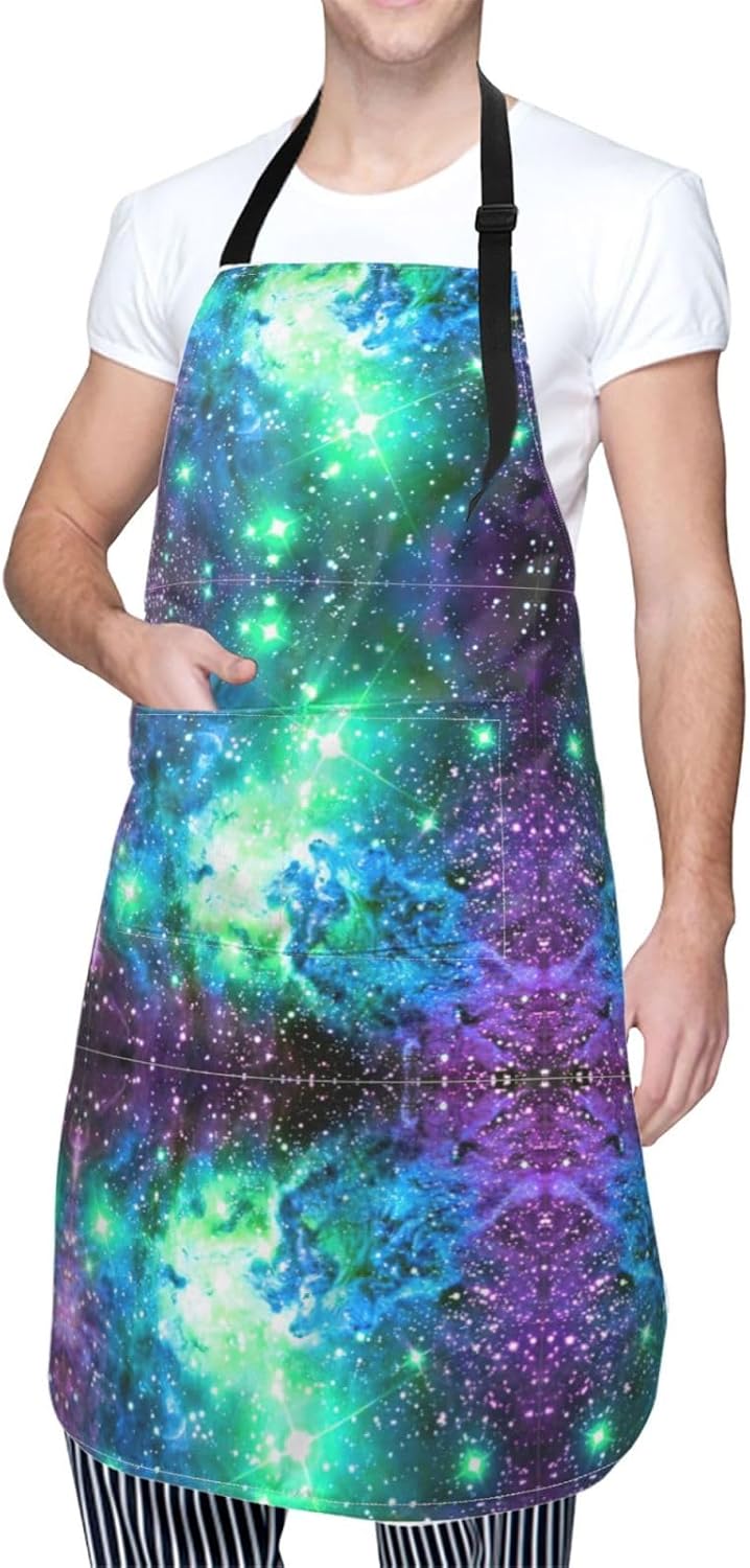 Green Blue Purple Galaxy Print 28x33 In Adult Kitchen Apron with Pockets Versatile Chef Smock for Cooking Baking