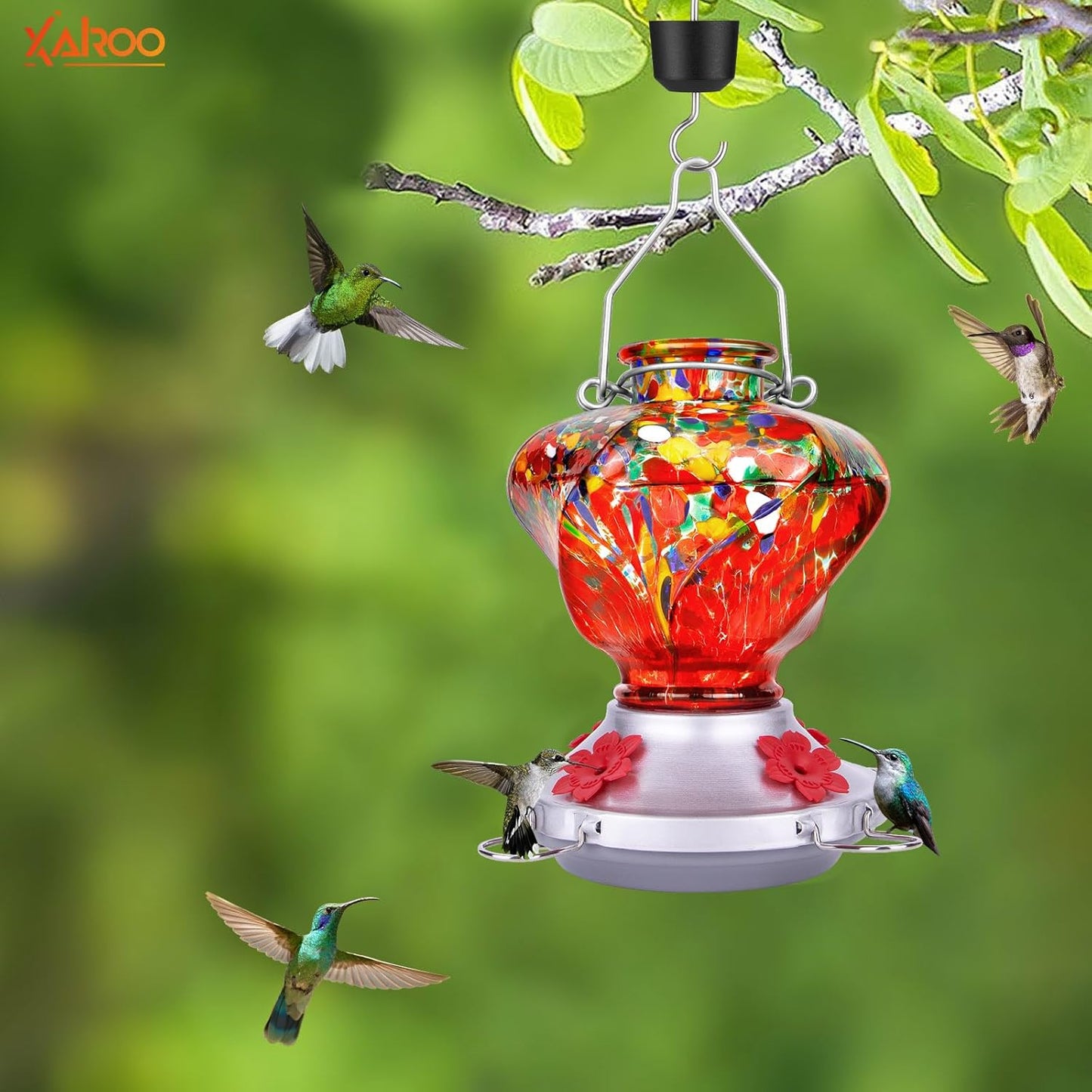 Hummingbird Feeder for Outdoors with Ant Moat, Hummingbird Feeder, Hand Blown Glass, 4 Bee Guard Feeding Ports with Perch, Outdoor Garden Décor, 16OZ, Red, Gifts for Mom Wife Dad Men Women