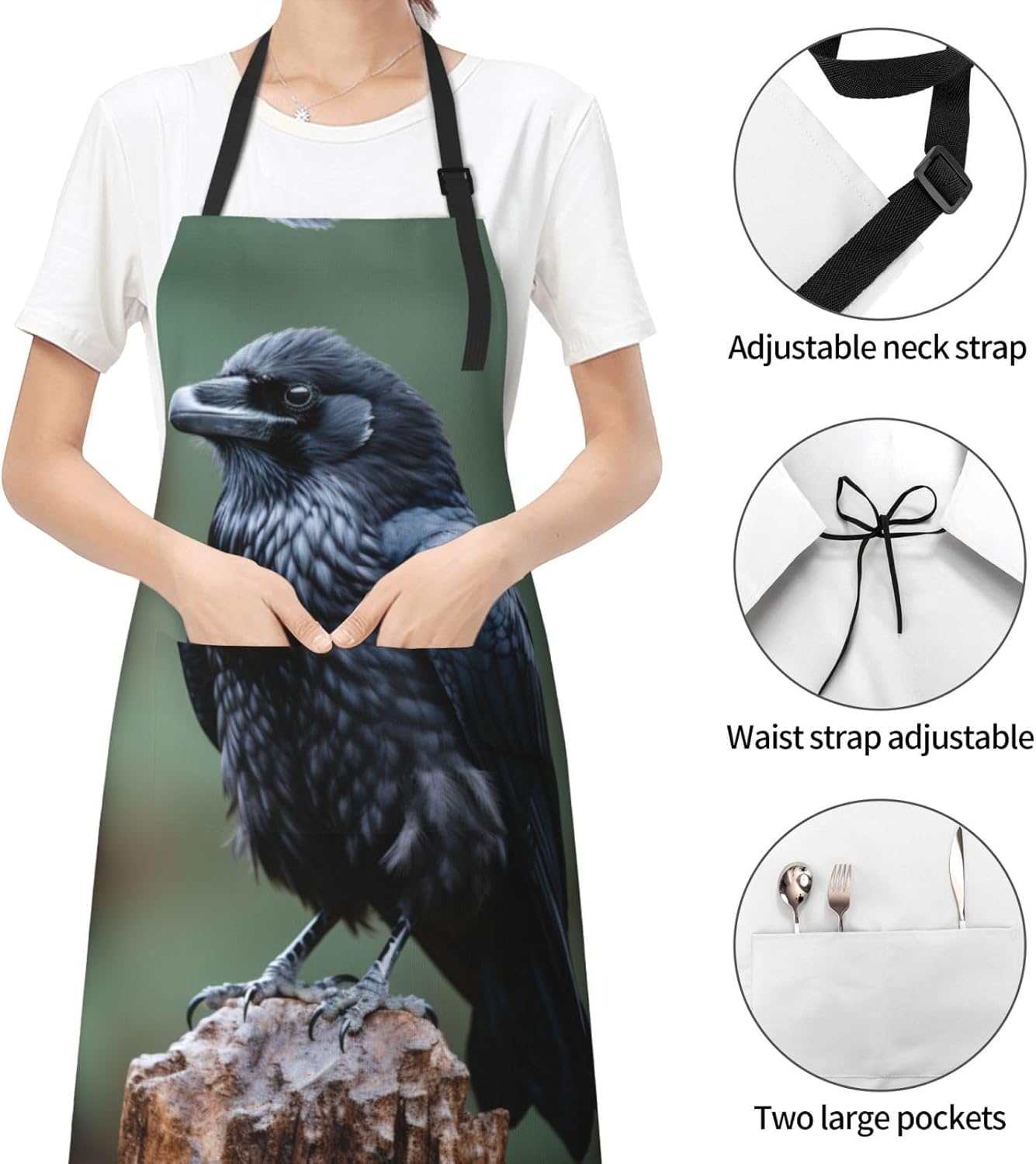Night crow print Waterproof apron with pocket adjustable cooking apron for adult kitchen bibs to bake