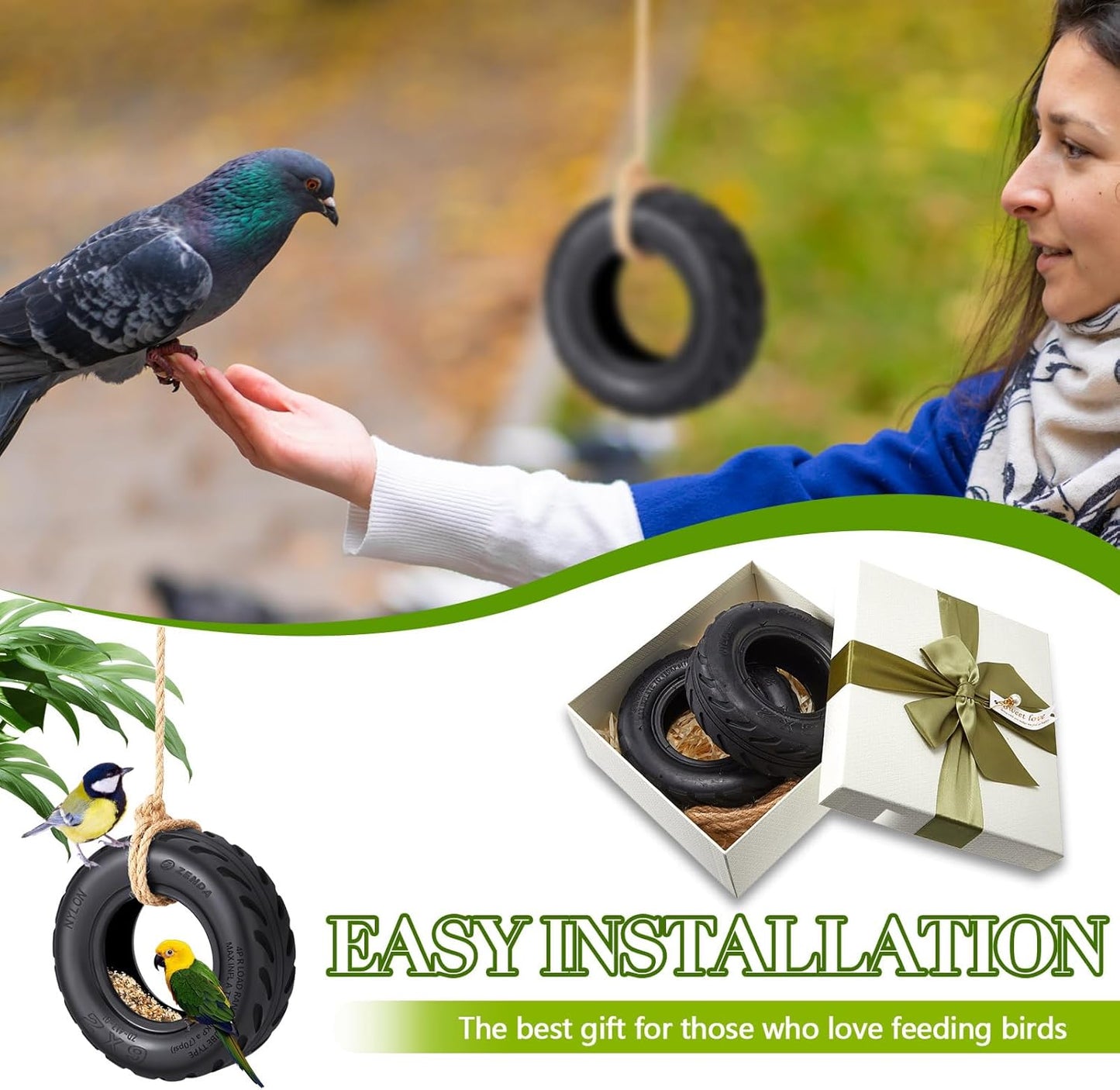 2 Pcs Tire Swing Bird Feeder for Outdoor Hanging 6 x 2 Inches with Rope Special Tire Bird Feeder Seed Catcher for Funny Swing Outside Gift Spring Gifts