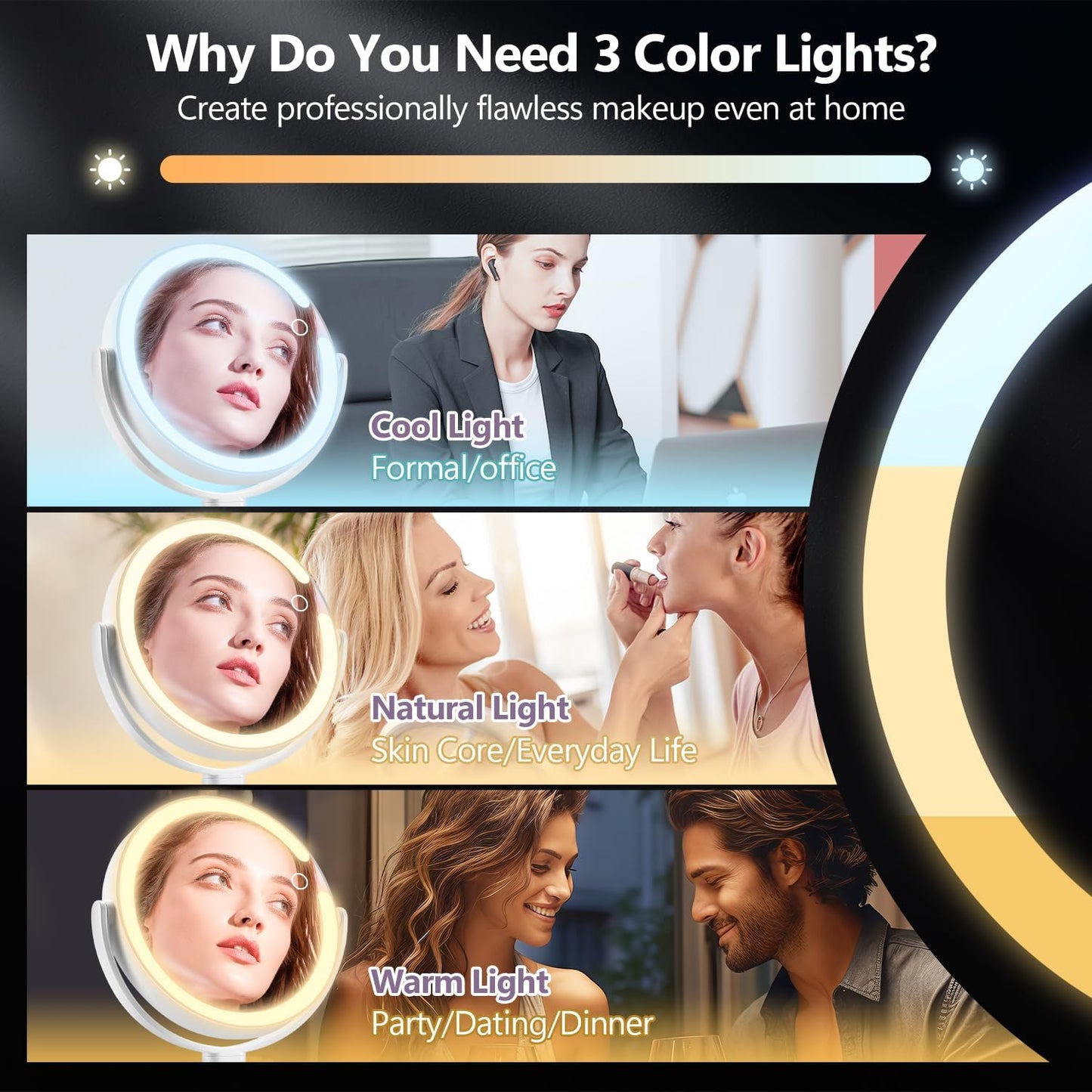 MIYADIVA Makeup Mirror with Lights,20X Magnifying Mirror with Light and Touch Switch,Vanity Mirror with 3 Color Light and 80 LEDs,2-Sided Lighted Magnified Mirror 8.8 Inches