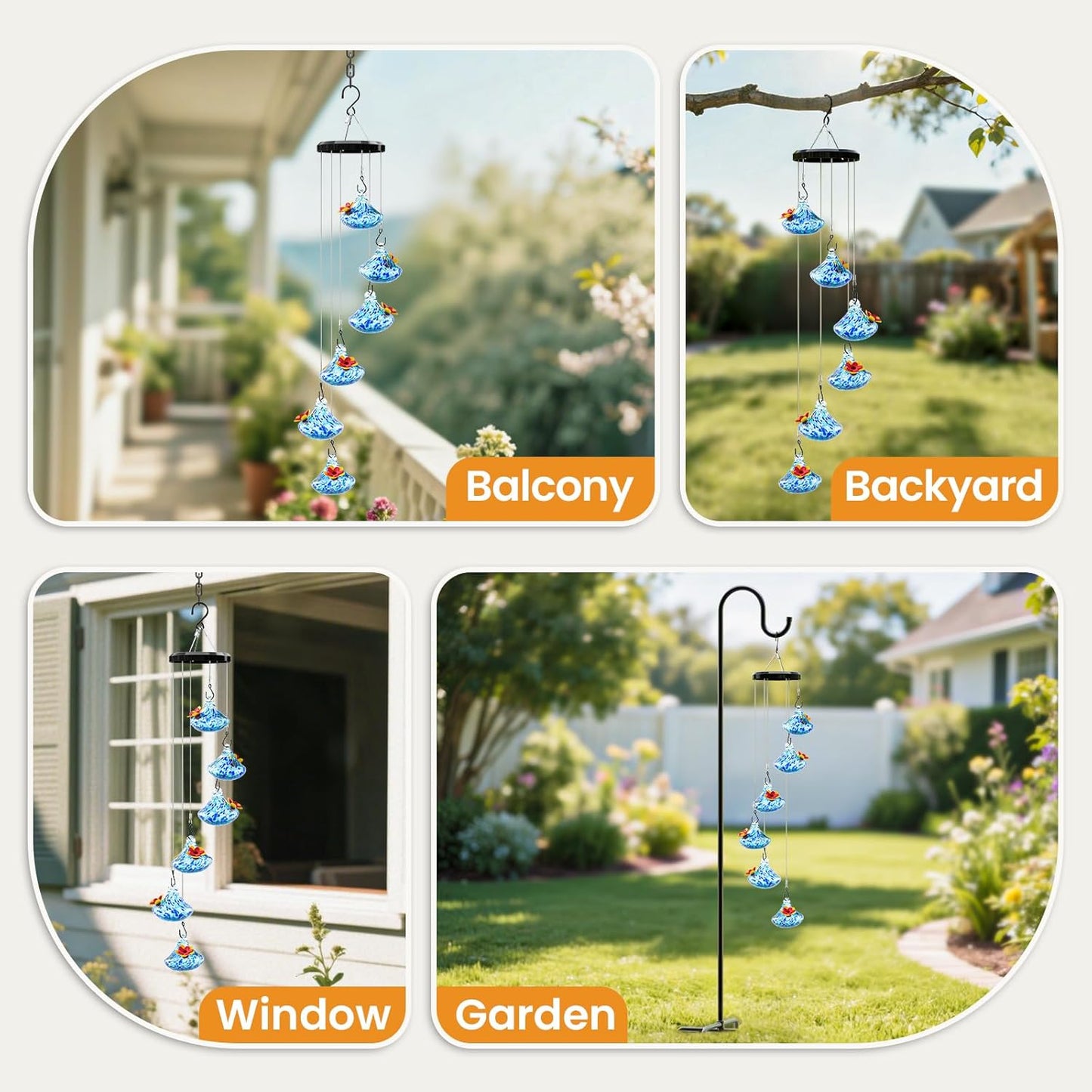 Wind Chime Glass Hummingbird Feeder - 20 Oz Outdoor Hanging Feeder with 6 Ports, Attract More Hummingbirds, Leak-Proof Design, Unique Garden Backyard Decor & Ideal Gift (Blue)
