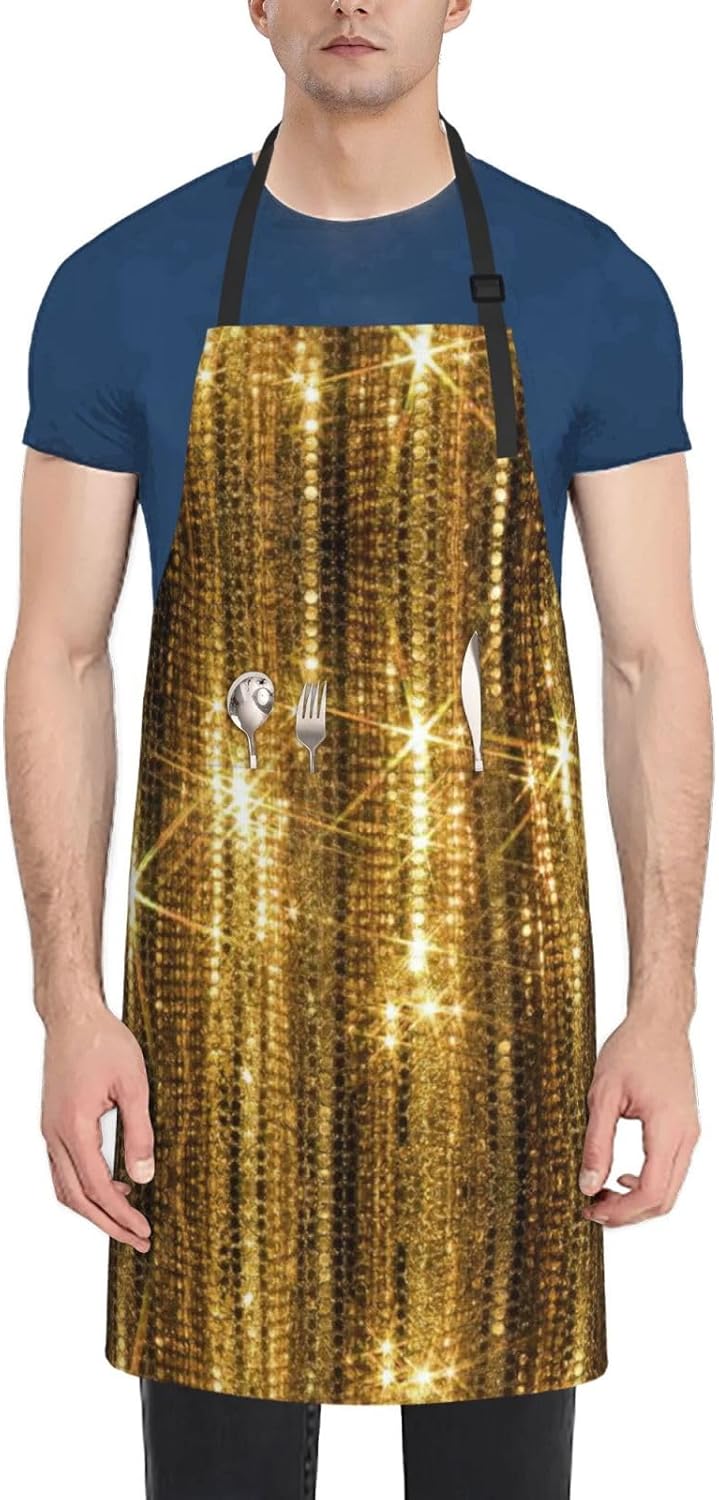 Gold Sequin Sparkle Print 28x33 In Adult Kitchen Apron with Pockets Versatile Chef Smock for Cooking Baking