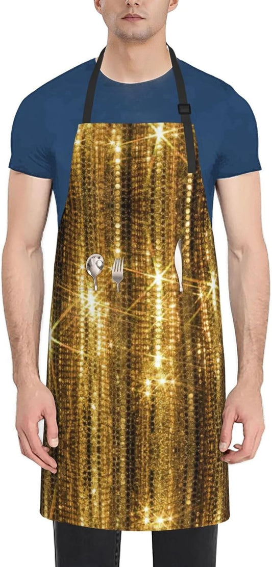 Gold Sequin Sparkle Print 28x33 In Adult Kitchen Apron with Pockets Versatile Chef Smock for Cooking Baking