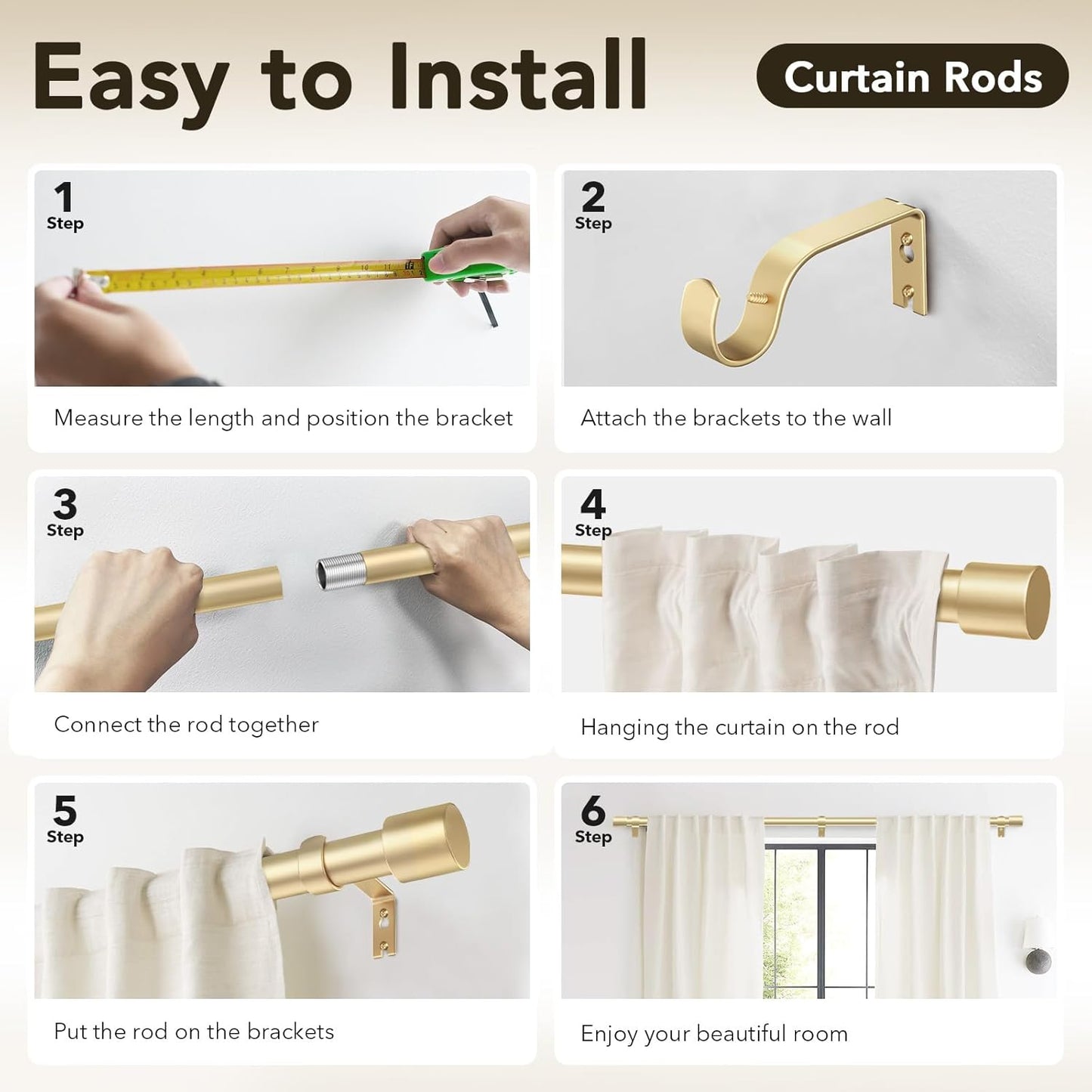 Heavy Duty Curtain Rods for Windows 66 to 120 Inch, 1 Inch Gold Curtai