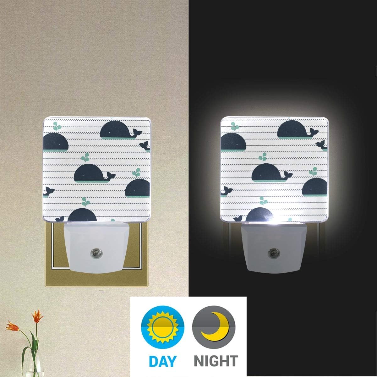 Plug-in Night Light Waves and Whale Printed LED Nightlight, Dusk-to-Da