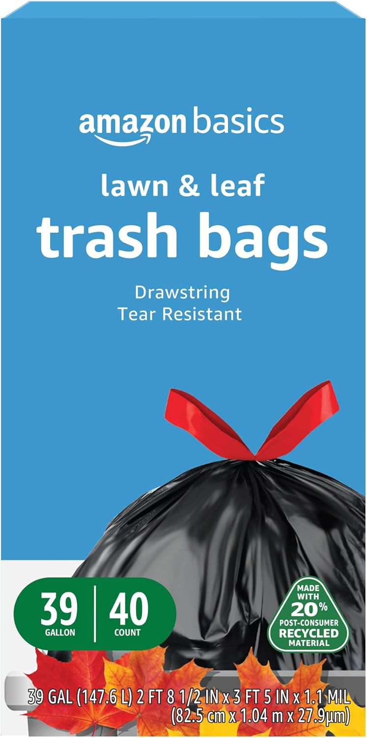 Amazon Basics 39 Gallon Lawn & Leaf Heavy Duty Drawstring Trash Bags, 