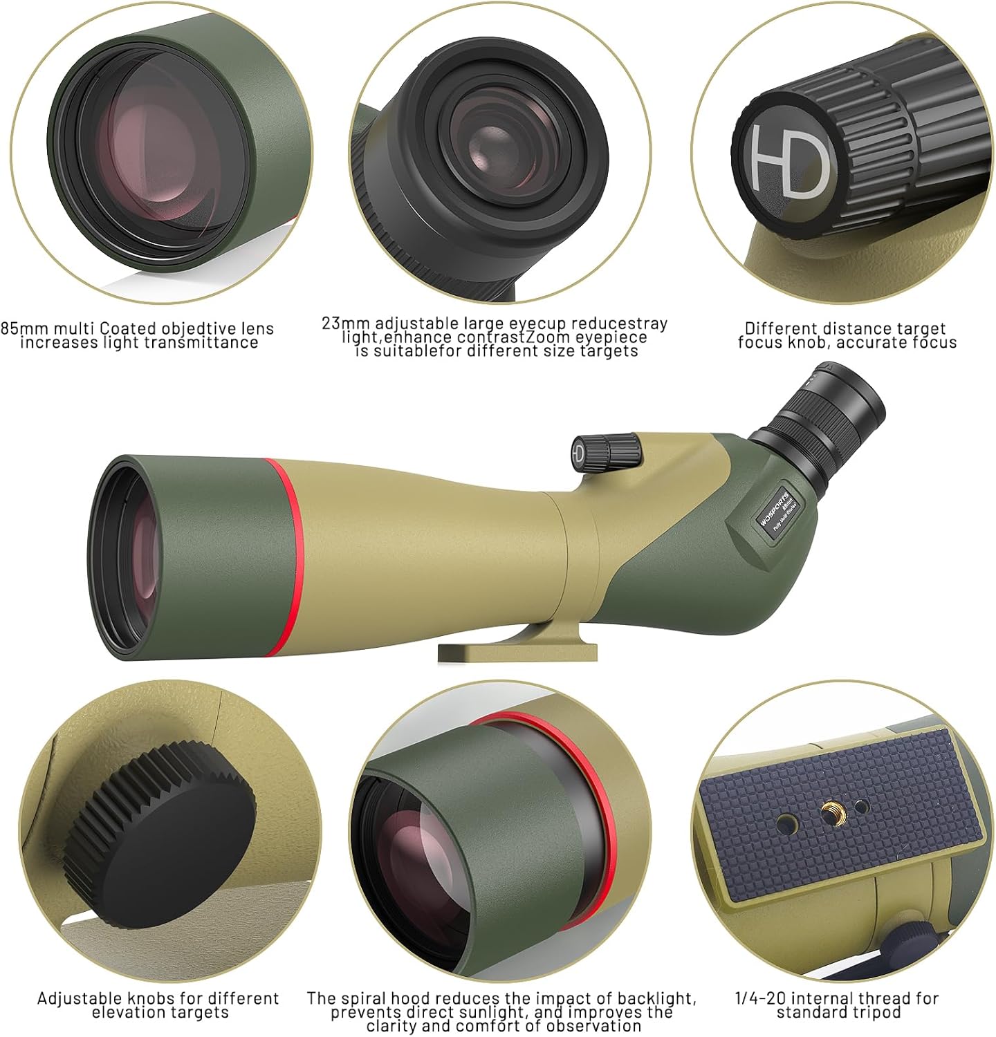 WOSPORTS 25-75x85 Spotting Scopes with Tripod, Carrying Bag, Phone Adapter, HD BAK4 Porro Prism, Waterproof Spotter Scope for Hunting, Target Shooting, Bird Watching, Wildlife Viewing, Dark Green