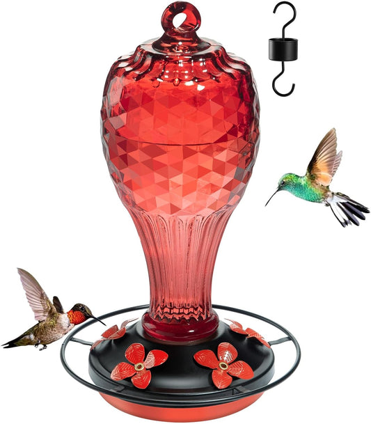 20 OZ Glass Hummingbird Feeders for Outdoors Hanging - Hand-Blown Vibrant Red Reflective Fish-Scale Design - Attracts More Hummingbirds - Leak-Proof Silicone Seal & Ant Moat - Gift for Mom