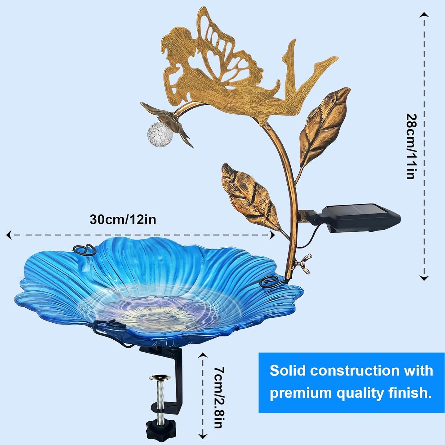 Homight Deck Installation Bird Bath, Hummingbird Solar Bird Bath LED Lights, Adjustable Metal Weather Resistant Durable Deck Bird Bath Bracket, Outdoor Balustrade, Garden, (Angels Holding Lanterns)