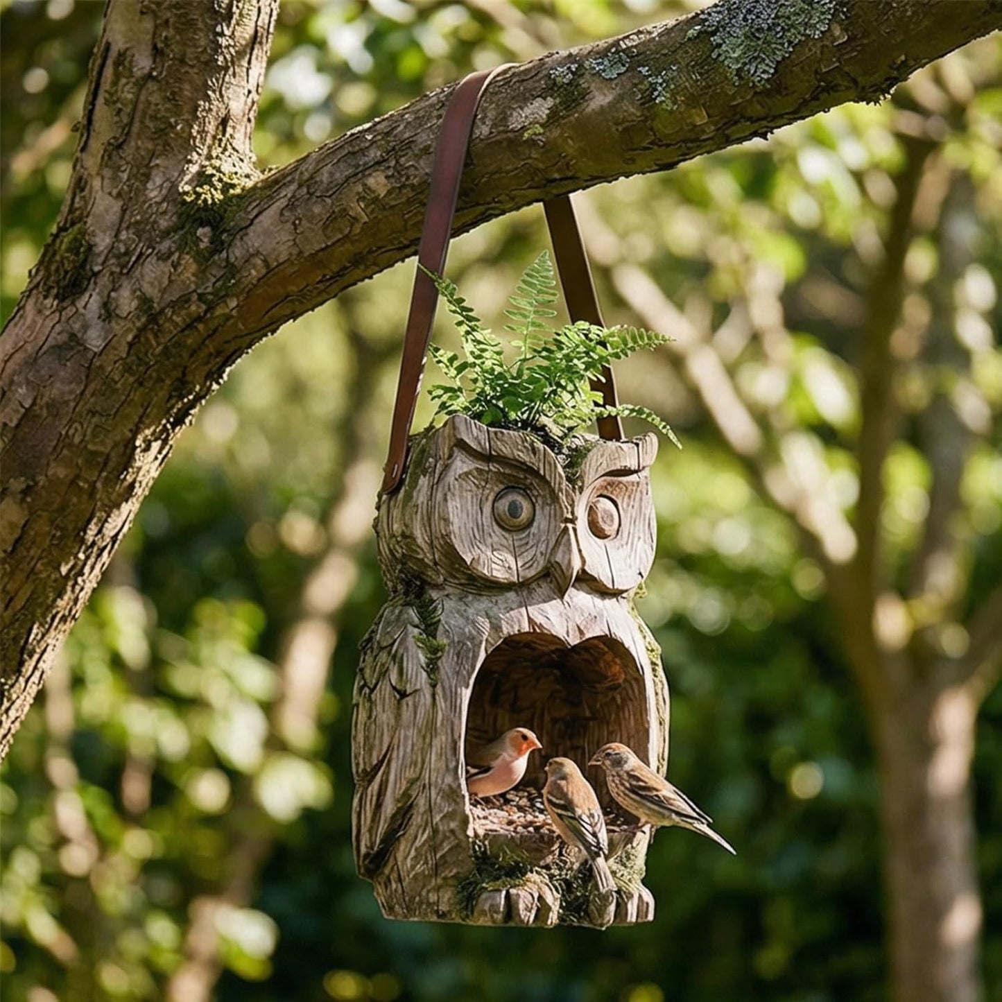 Creative Resin Owl Bird Feeder Hand Painted Outdoor Hanging Decor for Garden, Easy Refill & Weather, Unique Gift