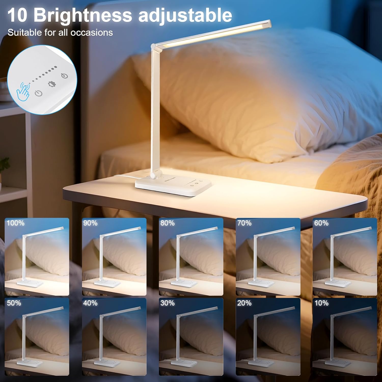 White crown LED Desk Lamp Dimmable Table Lamp Reading Lamp with USB Ch