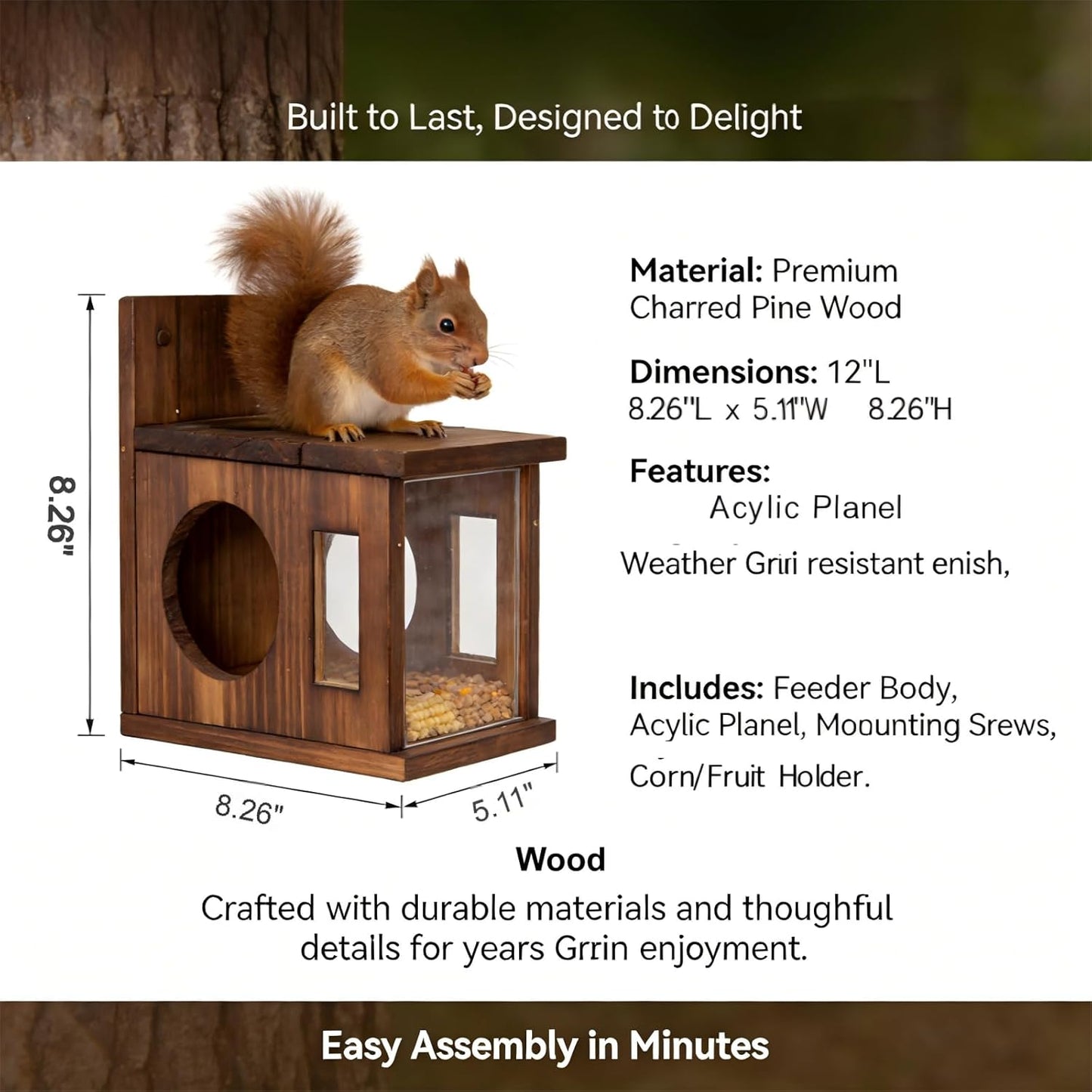 Squirrel House for Outside with Food Storage Box, Wooden Squirrels Nes