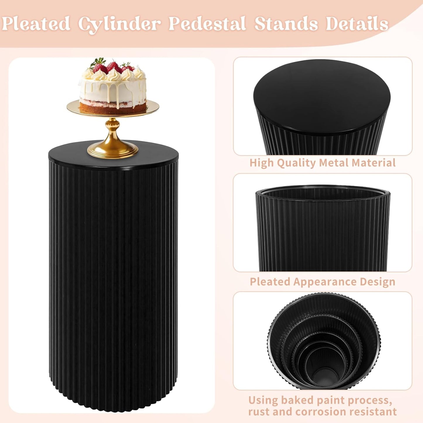 Fivenl 5 Pcs Metal Pleated Cylinder Pedestal Stands for Party, Heavy Duty Black Round Cake Pedestal Stand Flower Plant Display Plinth Pillars for Wedding Birthday Event Decor (Black)