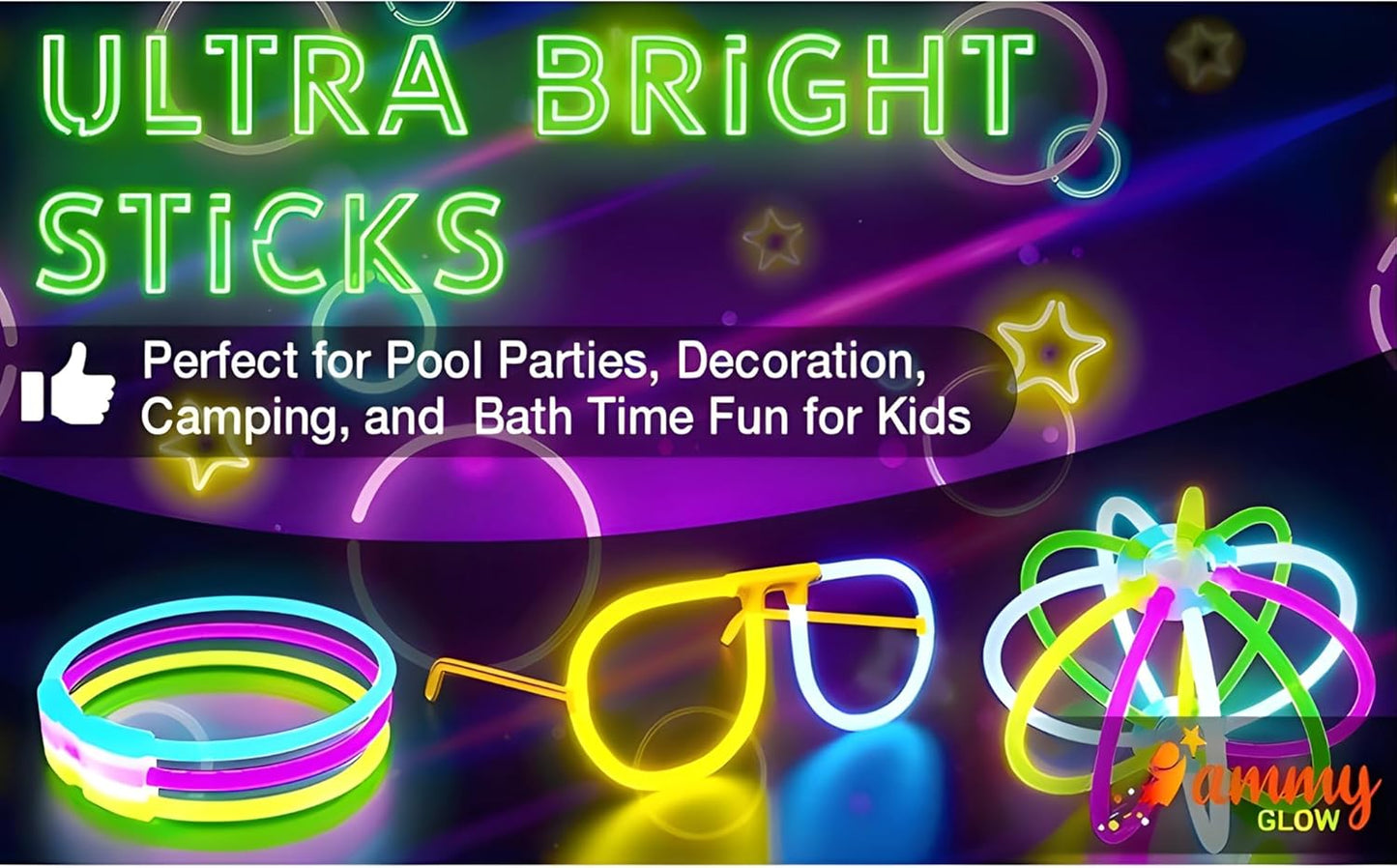 Ammy Glow-205 Pcs Glow Sticks-100 Pack Bulk Party favors for Kids-Neon Glow in The Dark Party Supplies - Eye Glasses, Glow Bracelets & Necklaces -Party Lights For Birthdays & Weddings