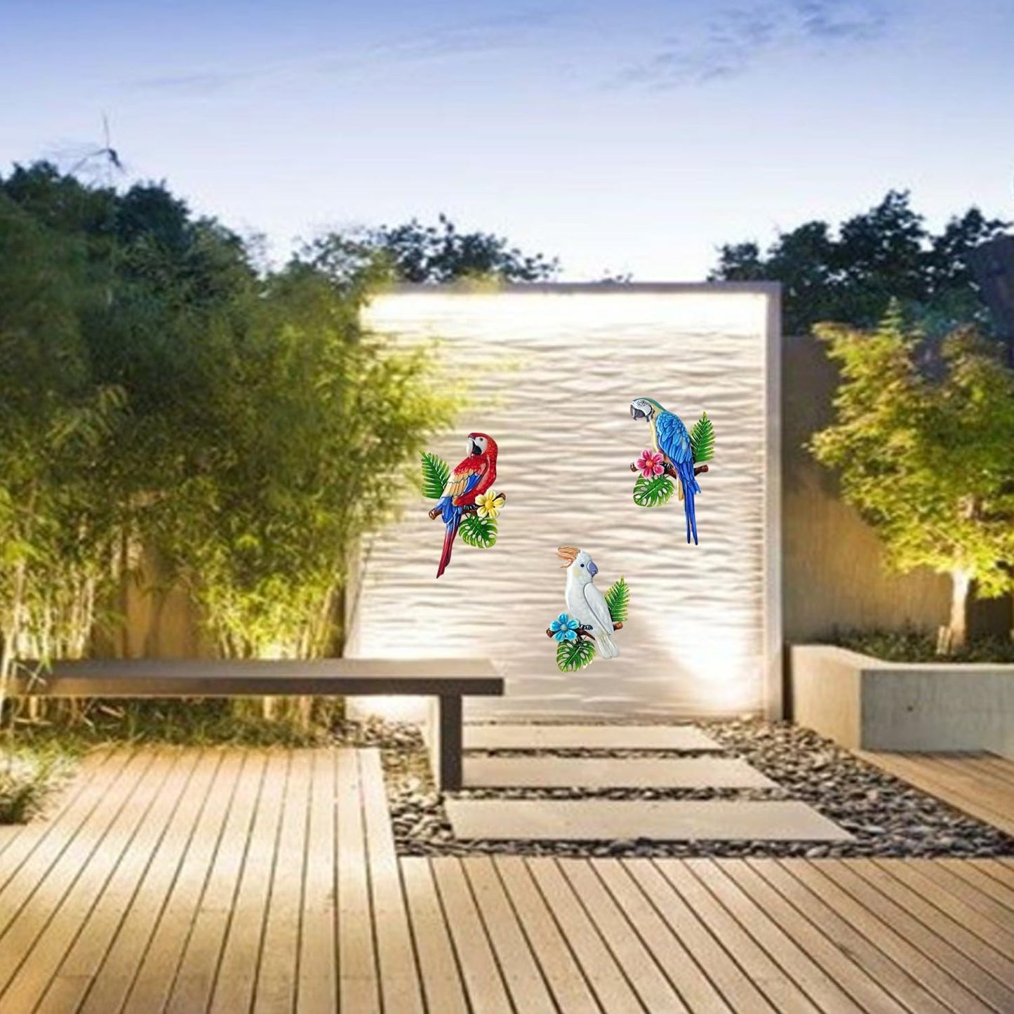 WAIU 3 Pcs Metal Parrot Wall Art Decor Set - Tropical Vivid Parrots on Branch, Outdoor Indoor Hanging Decor for Garden Fence Courtyard Patio