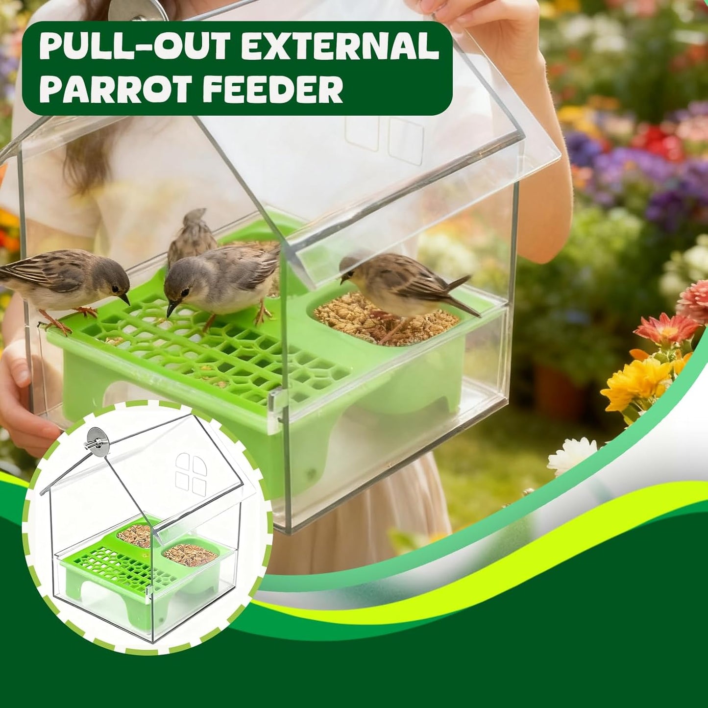 Pull-Out External Parrot Feeder, No Mess Bird Feeder, Decorative Trans