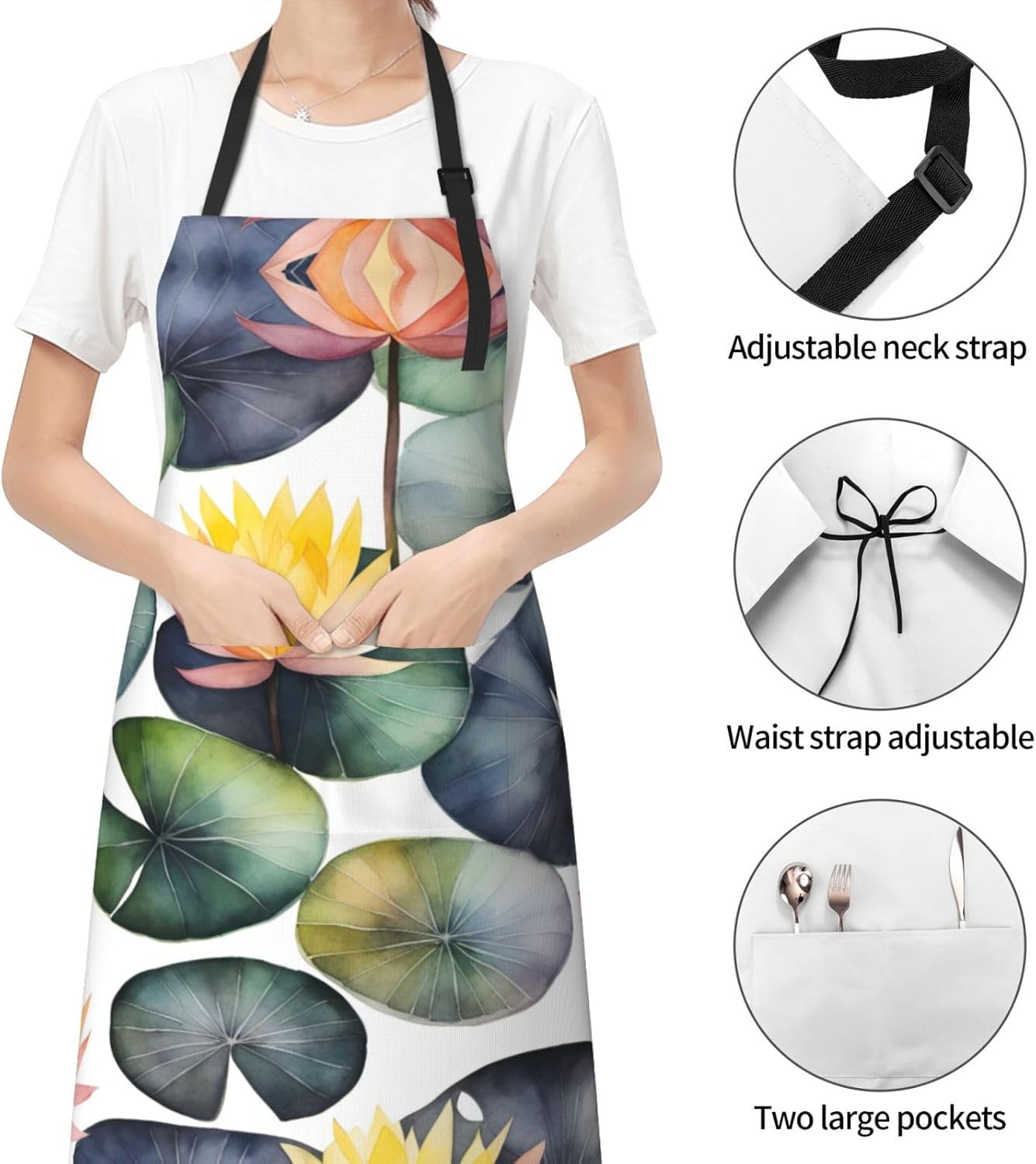 Black Lily Pads 1 print Waterproof chef's apron with pocket apron for kitchen cooking baking barbecue and gardening