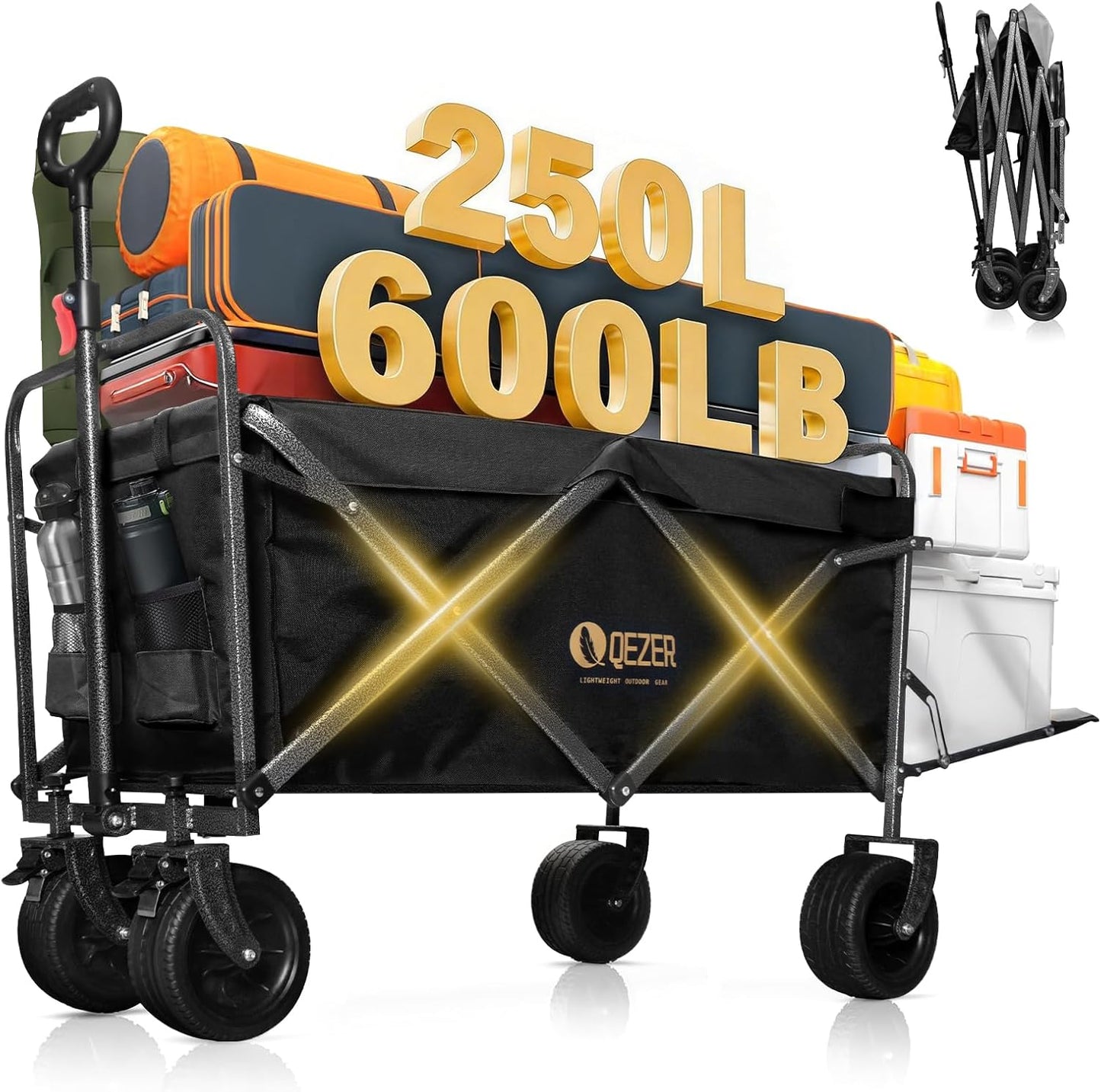 56" Large Collapsible Folding Wagon with Tailgate and Brake, 600LBS He
