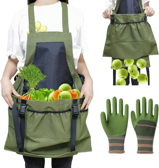 Garden Apron with Green Gloves-Adjustable Waist, Water-Repellent Garde