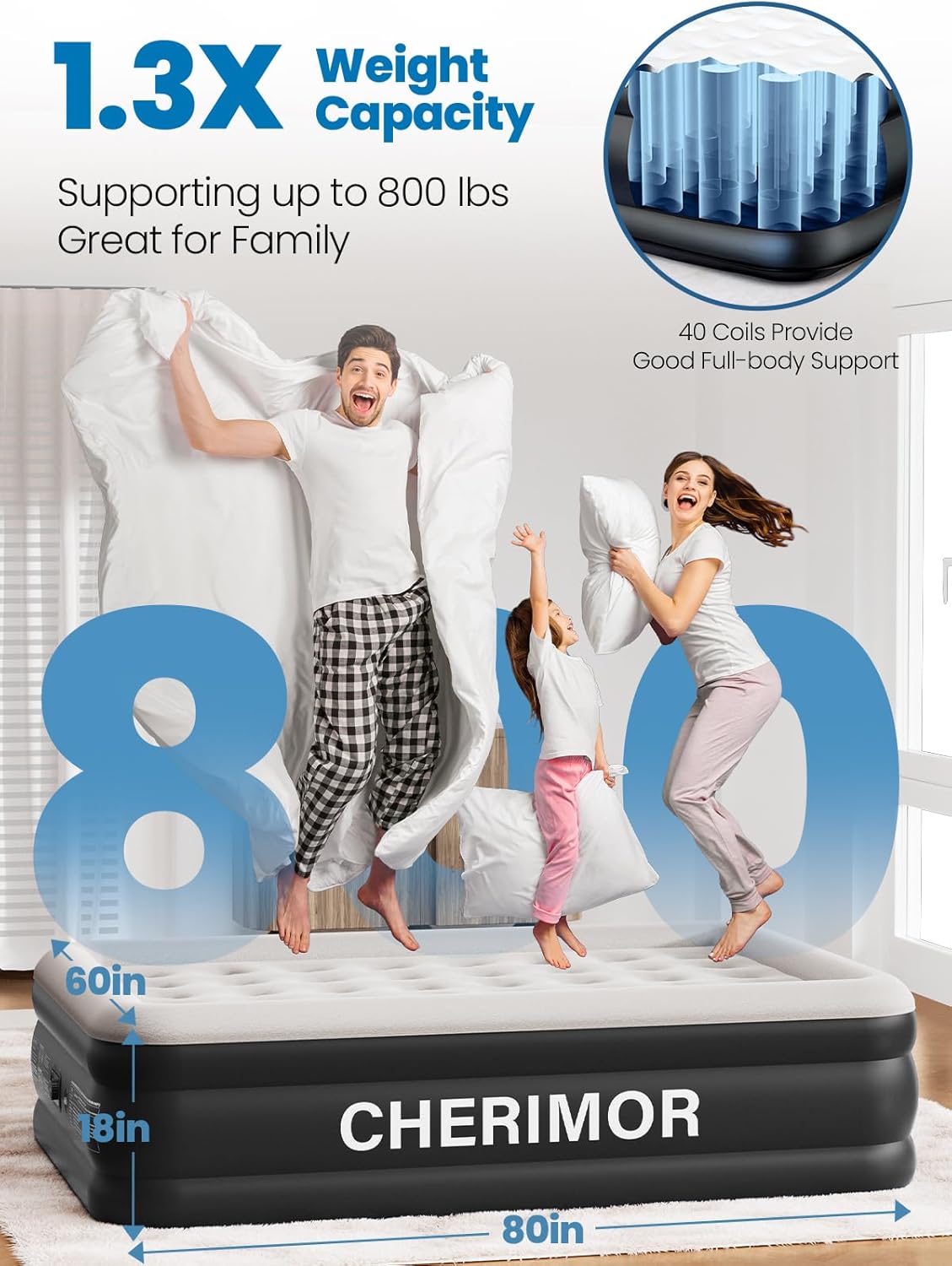 Queen Air Mattress with Built-in Pump, 18" Raised Comfort, 48Hr Leak-P