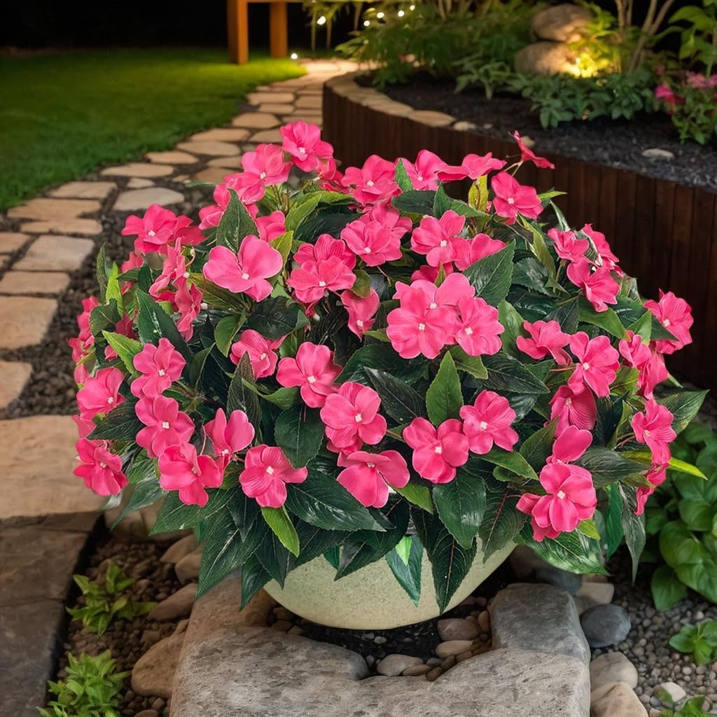 3pcs Artificial Impatiens - Outdoor Faux Flowers for planters, Silk Faux Outdoor Flowers for Patio Lawn Garden Pot Hanging Basket Porch Decoration (Rose Red)