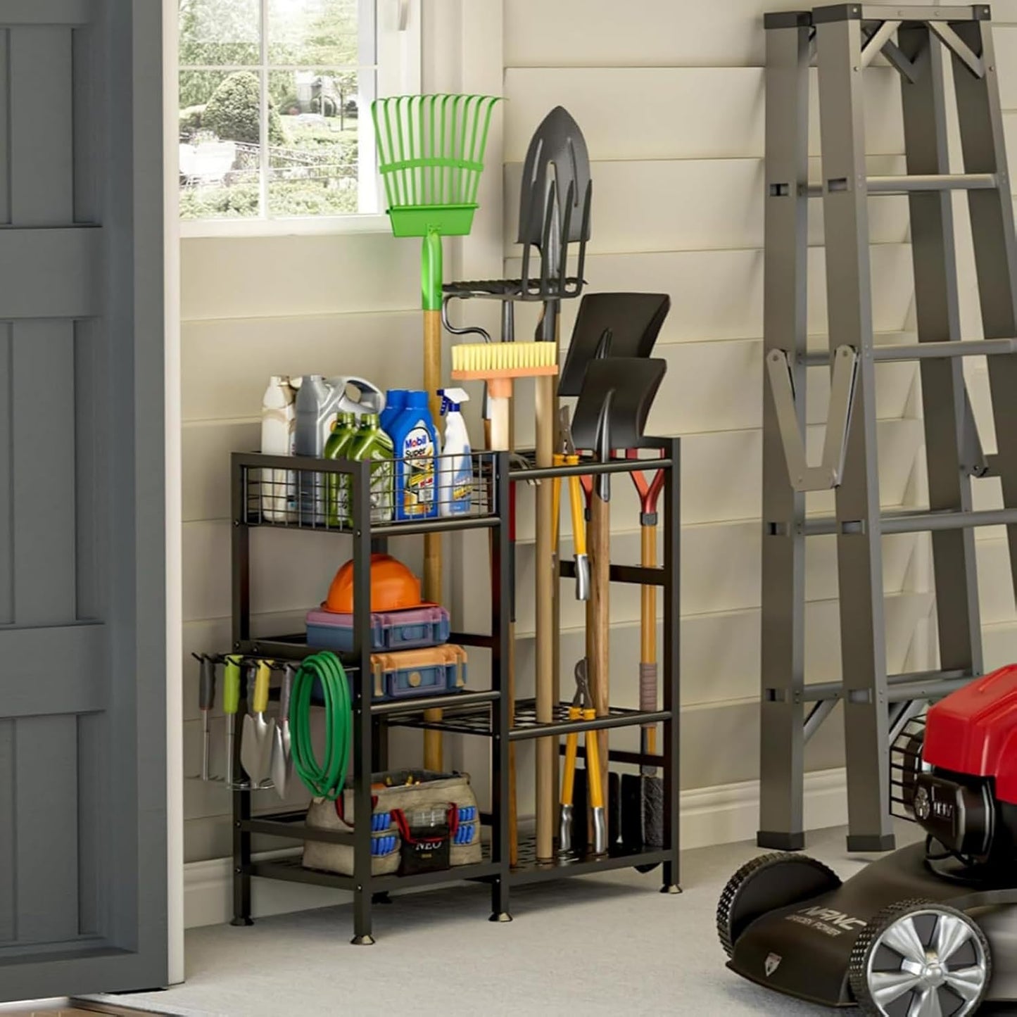 Metal Garden Tool Cart for Outdoor, Heavy Duty Yard Tool Rack Stand Organizer with Hooks, Long Handled Shovels/Rakes/Brooms