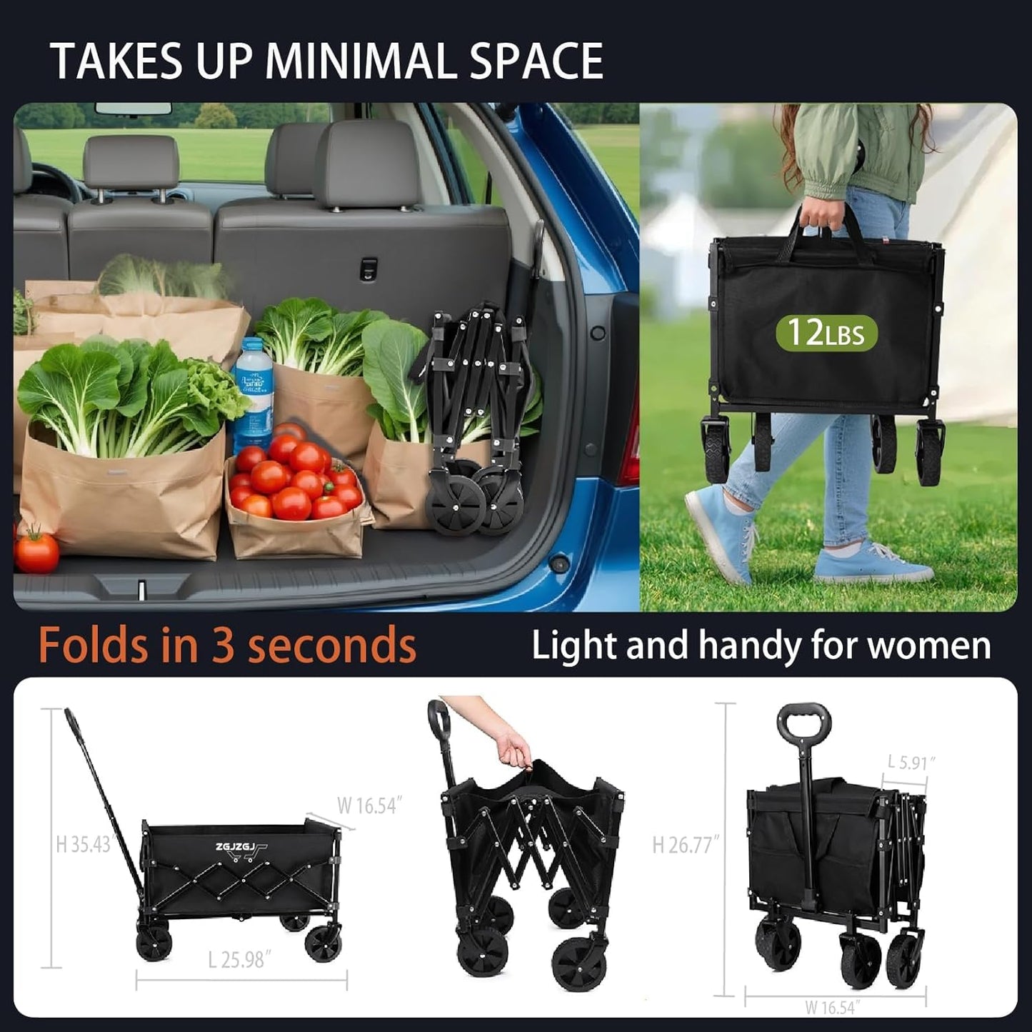 Collapsible Wagon with Wheels, Heavy Duty Folding Utility Cart with Wheels for Shopping, Garden Work, Cargo Transport, Easy Storage and Maneuver