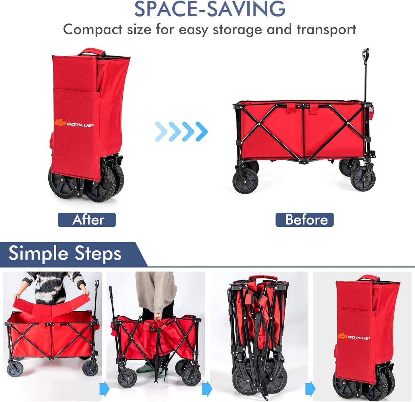 S AFSTAR Folding Wagon Cart, Collapsible Garden Wagon w/Adjustable Handle & Universal Wheels, Heavy Duty Folding Utility Cart for Agricultural Material Toy Grocery, Load Capacity up to 180Lbs (Red)