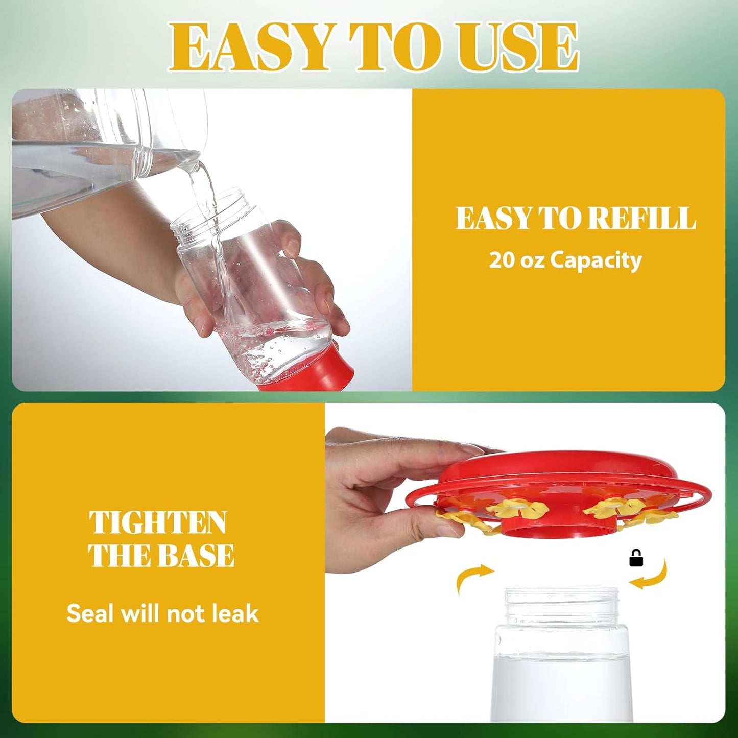 2 Pack Plastic Hummingbird Feeders, 20oz Wide Mouth Easy Clean, Ant Moat, Bee Proof and Leak-Proof, 6 Ports Easy Fill, Perfect for Outdoors, Trees, Decks