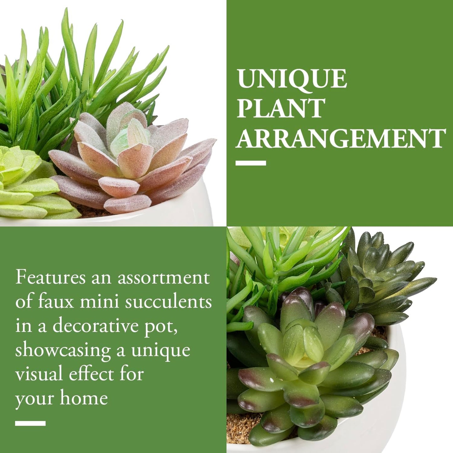 MyGift 6 Inch Round Modern Artificial Succulent Arrangement Potted in White Ceramic Plant Bowl, Assorted Faux Mini Succulents in a Decorative Planter Pot