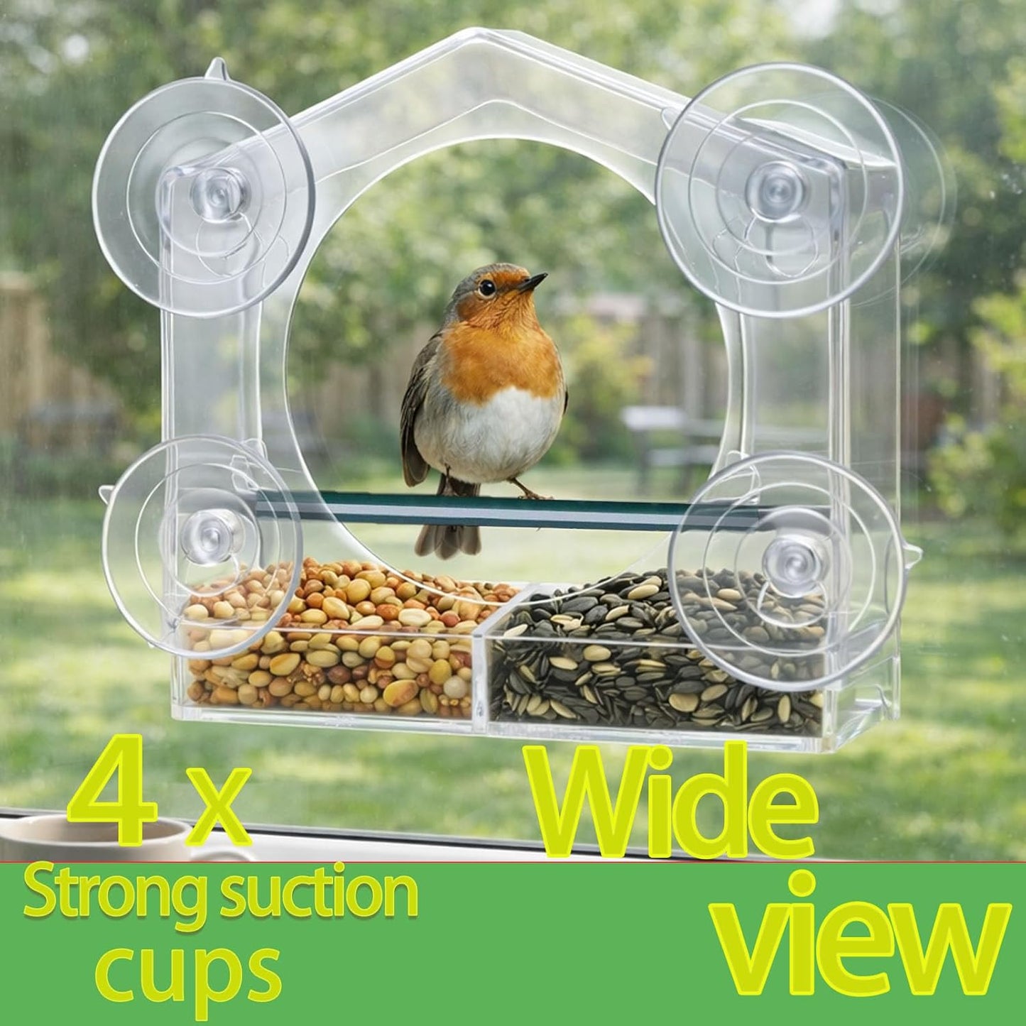Window Bird Feeder with 4 Strong Suction Cups, Squirrel Proof Clear Bird Feeder for Outdoor Bird Watching