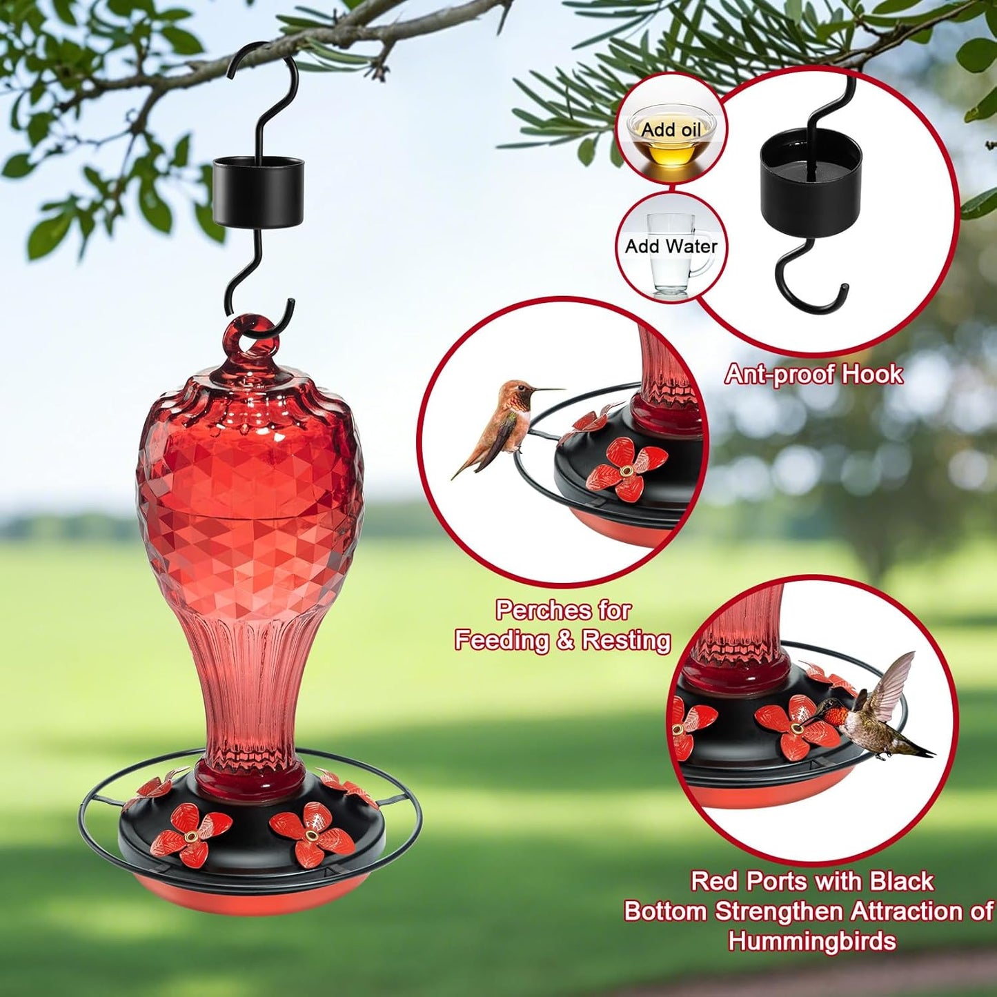 20 OZ Glass Hummingbird Feeders for Outdoors Hanging - Hand-Blown Vibrant Red Reflective Fish-Scale Design - Attracts More Hummingbirds - Leak-Proof Silicone Seal & Ant Moat - Gift for Mom