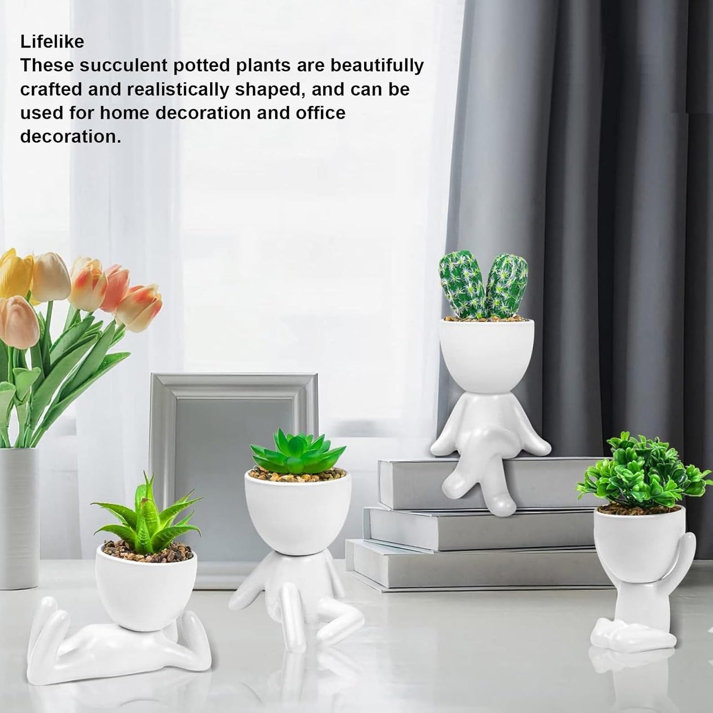 Artificial Succulent Planter Pot Cute Human Shaped Ceramic Plastic Fake Succulents with Pots for Home Office Decoration 4pcs Set